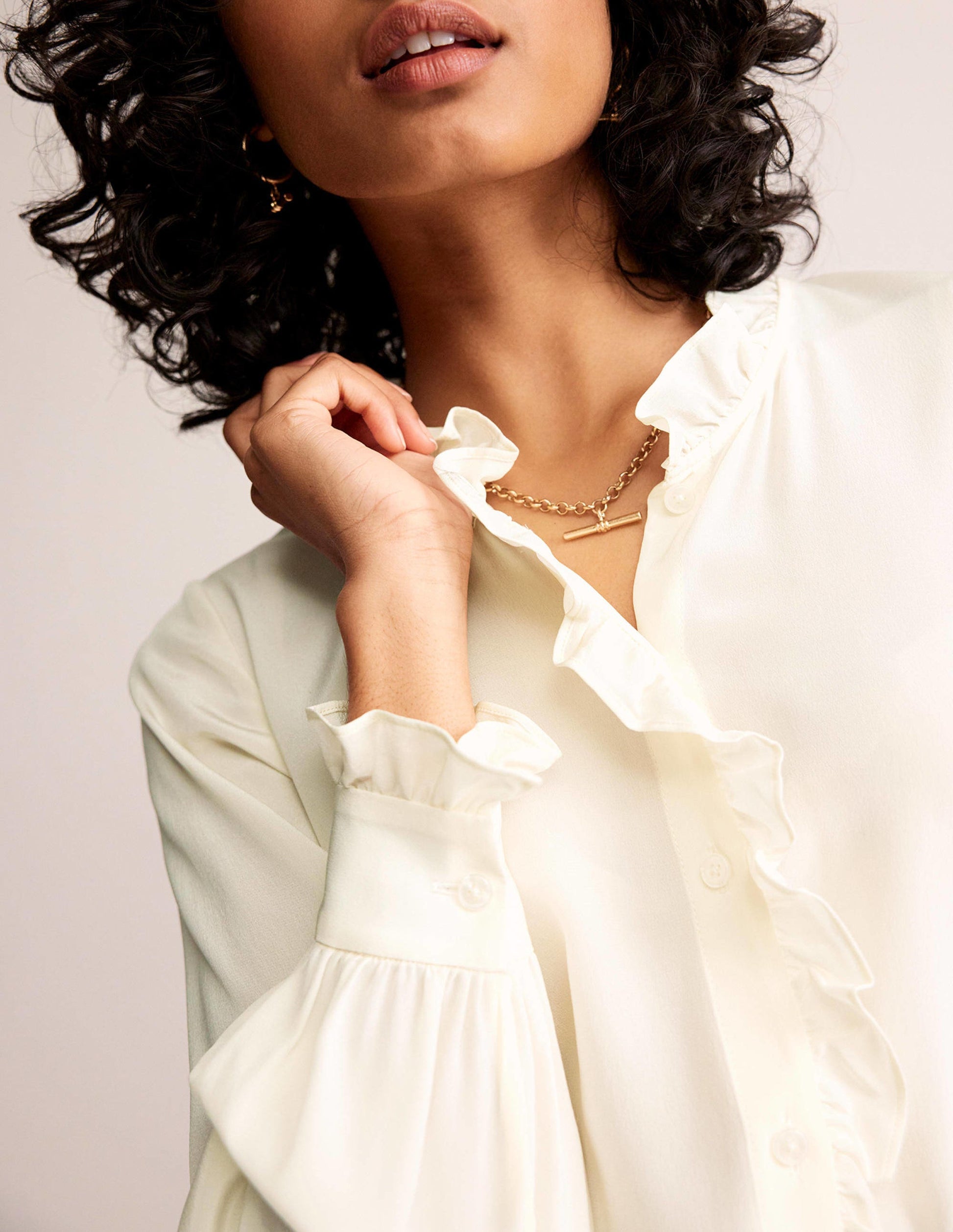 Ruffle Neck Silk Blouse-Ivory-2