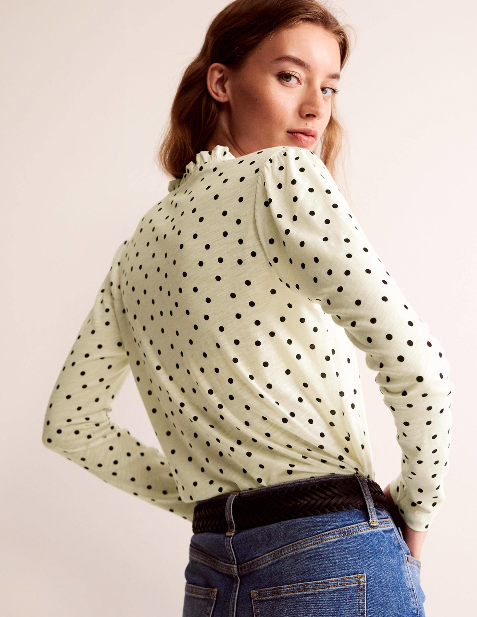 Ruffle V Neck Top-Ivory Spot-3