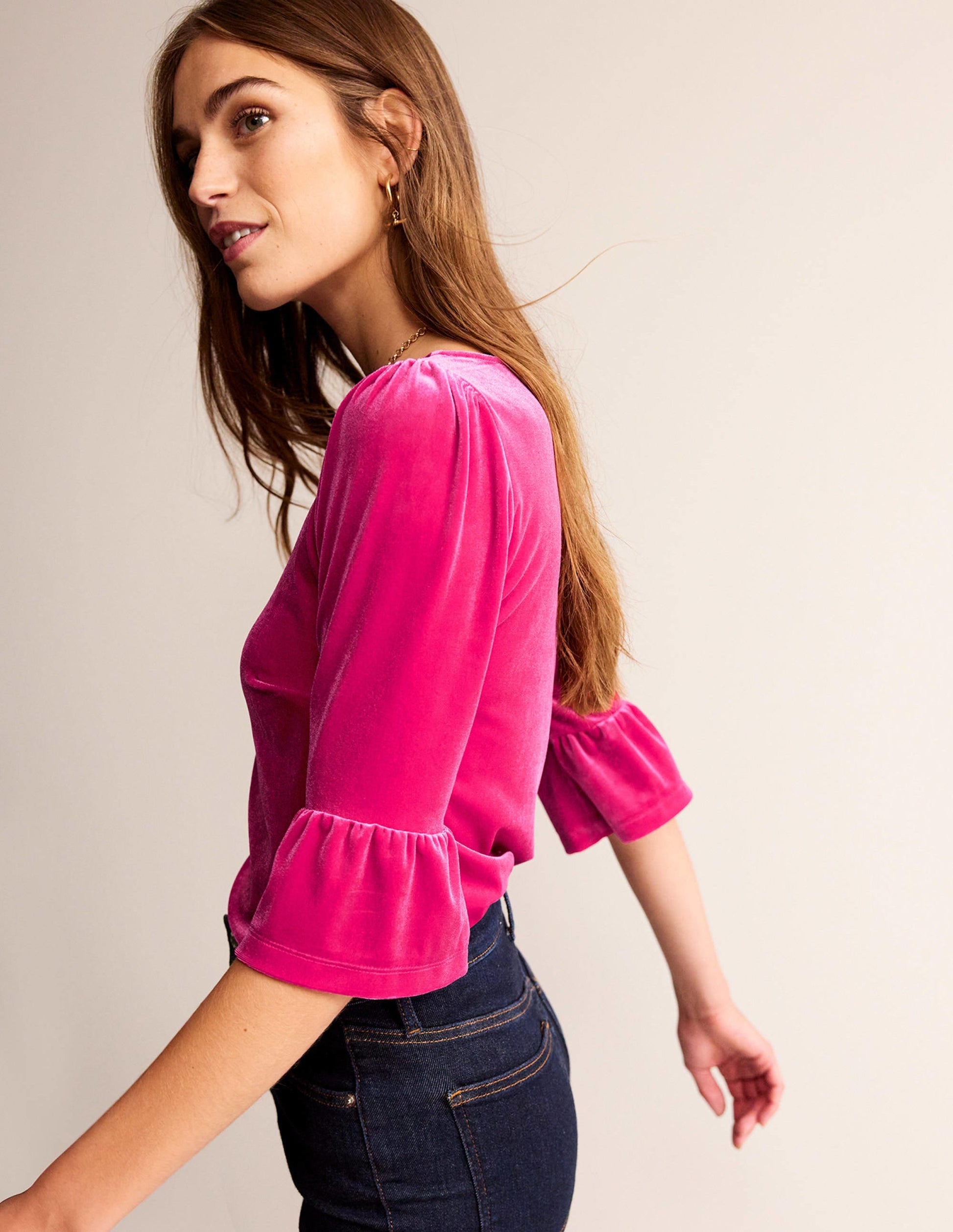 Velvet Ruffle-Cuff Top-Vibrant Pink-1