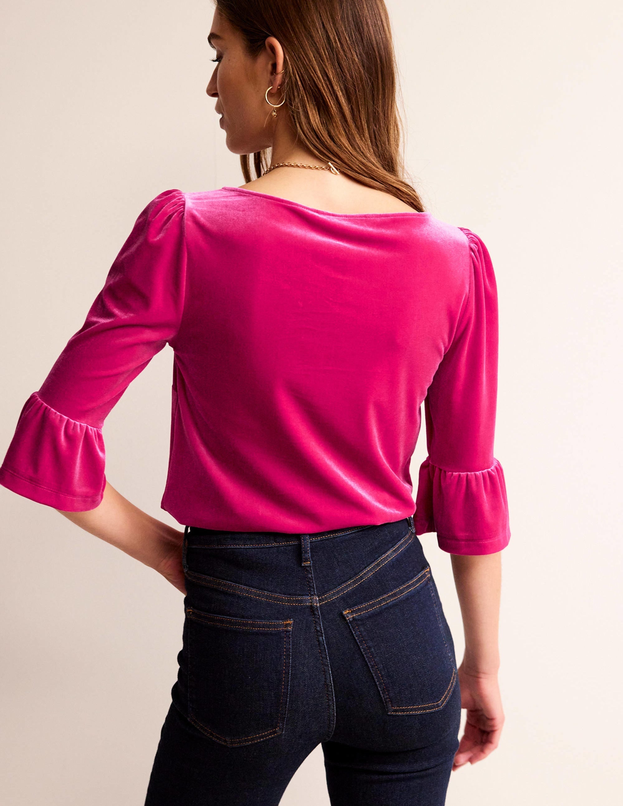 Velvet Ruffle-Cuff Top-Vibrant Pink - Image 3