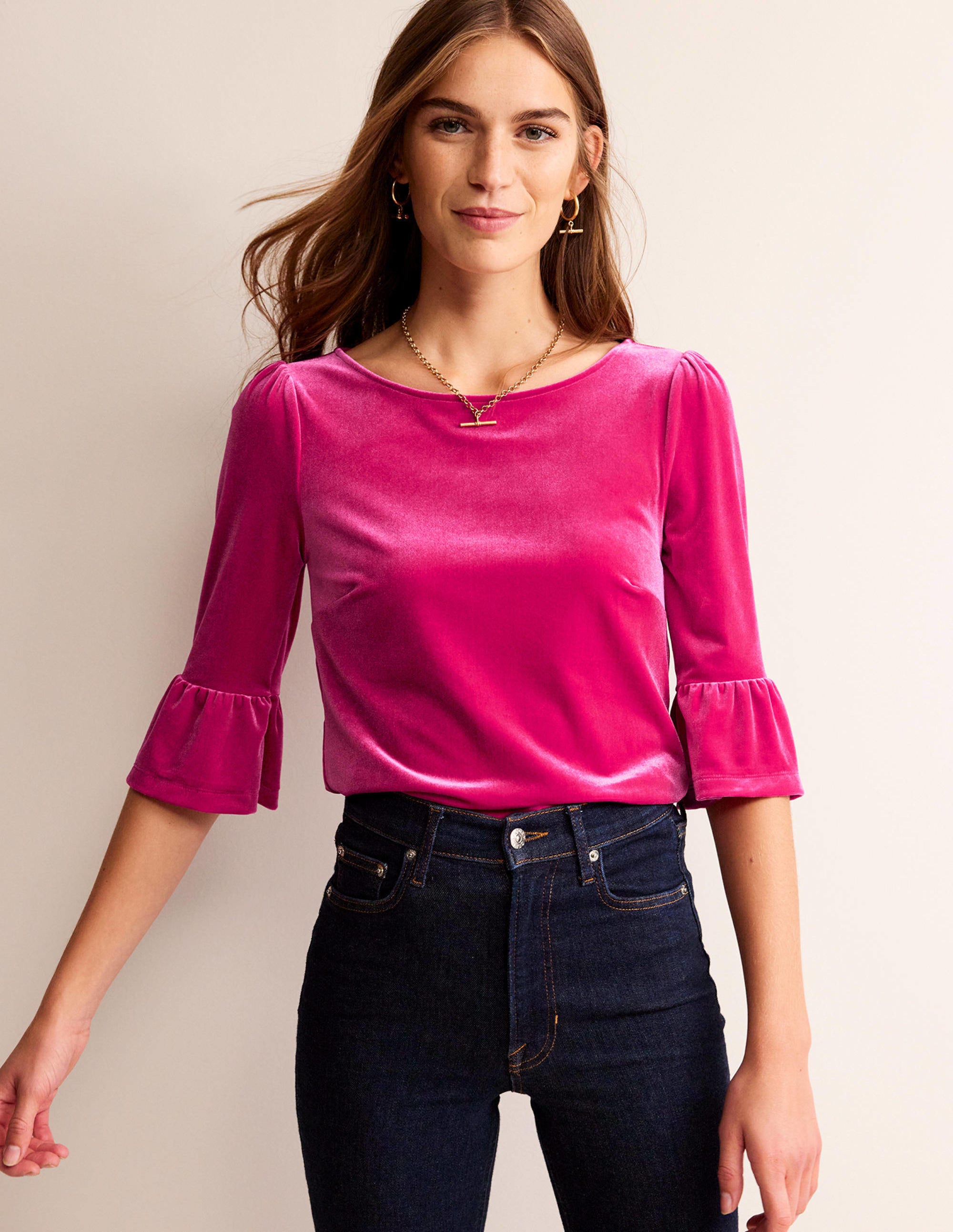 Velvet Ruffle-Cuff Top-Vibrant Pink - Image 4