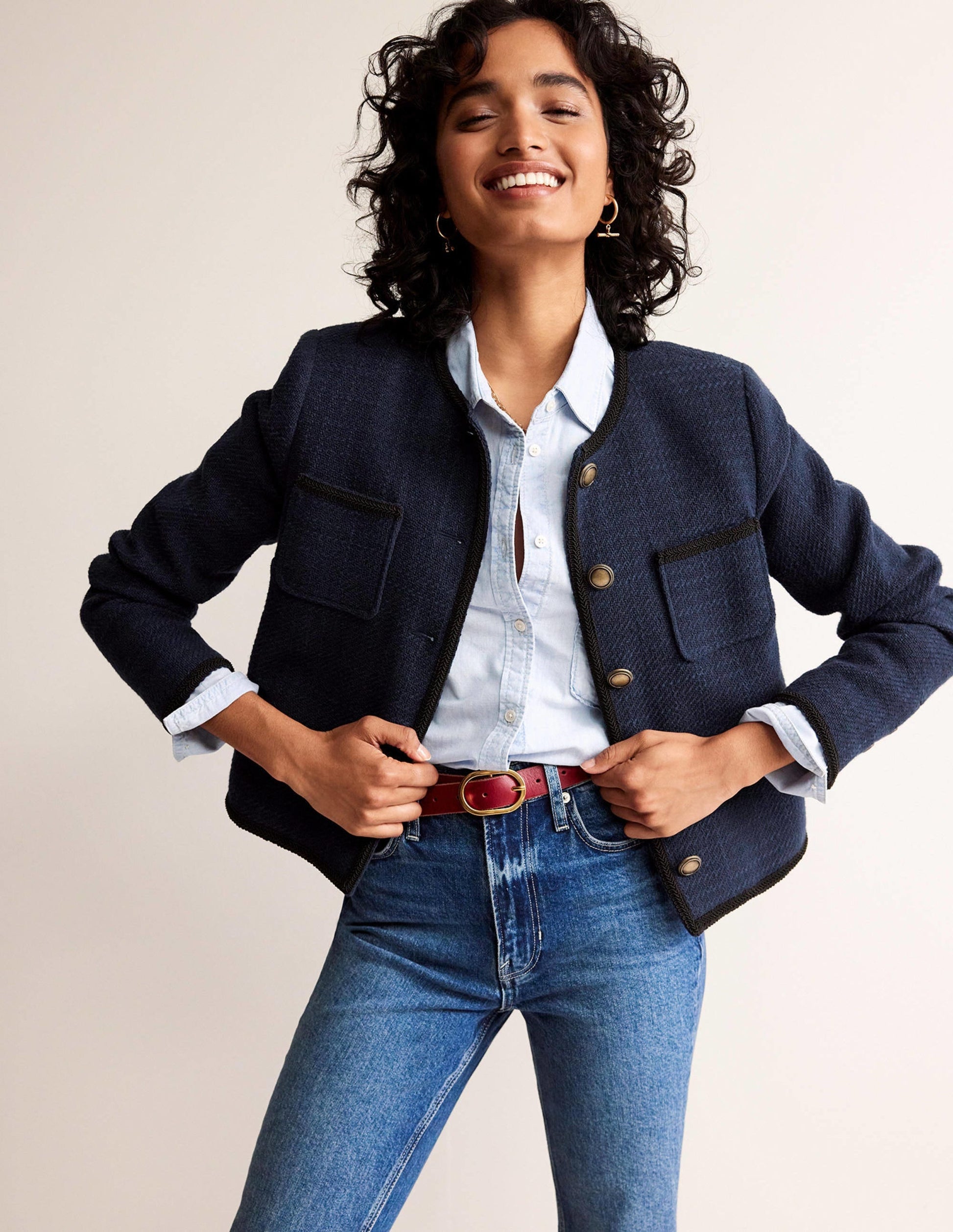 Trimmed Textured Jacket-Evening Blue-1