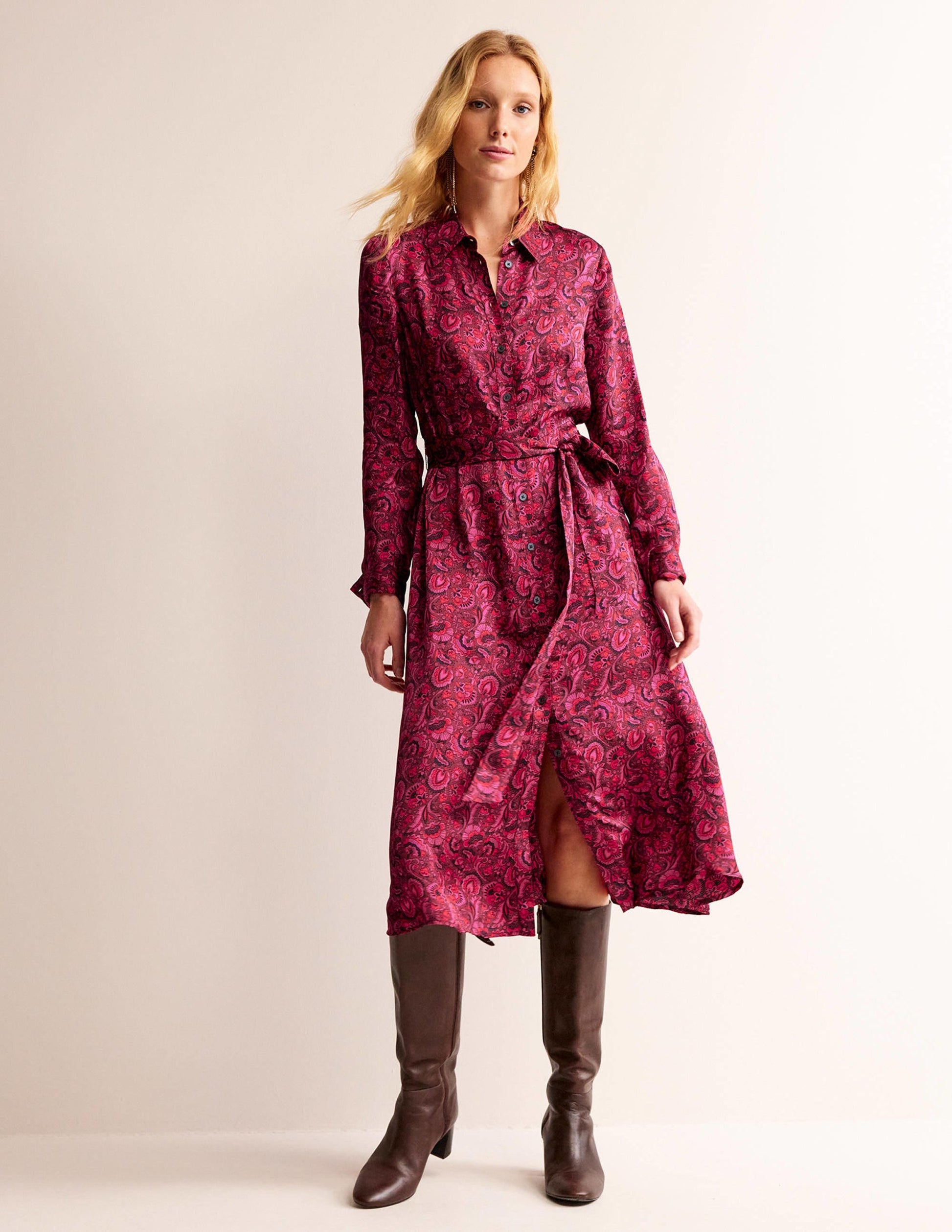 Kate Satin Shirt Dress-Burgundy Red, Florist-1