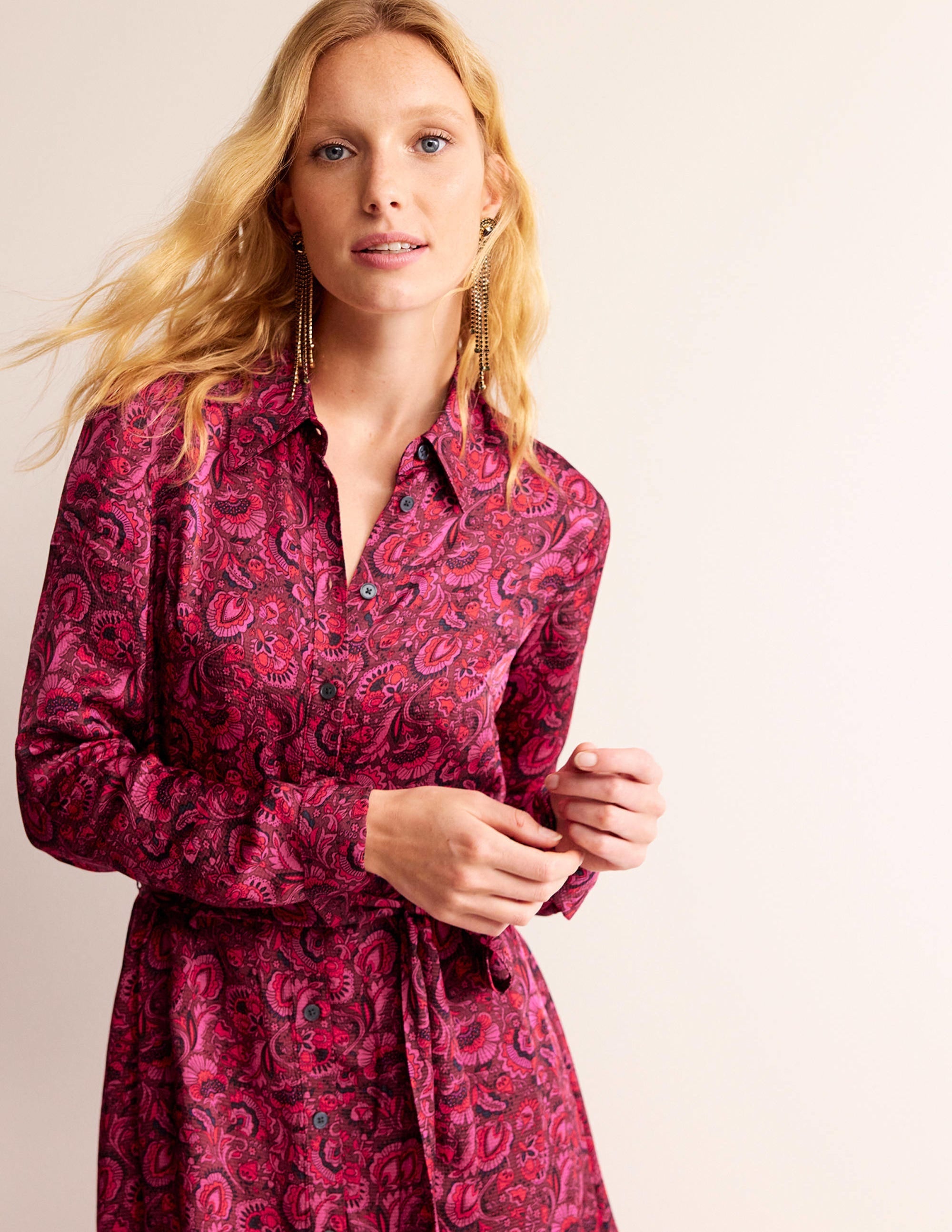 Kate Satin Shirt Dress-Burgundy Red, Florist - Image 2