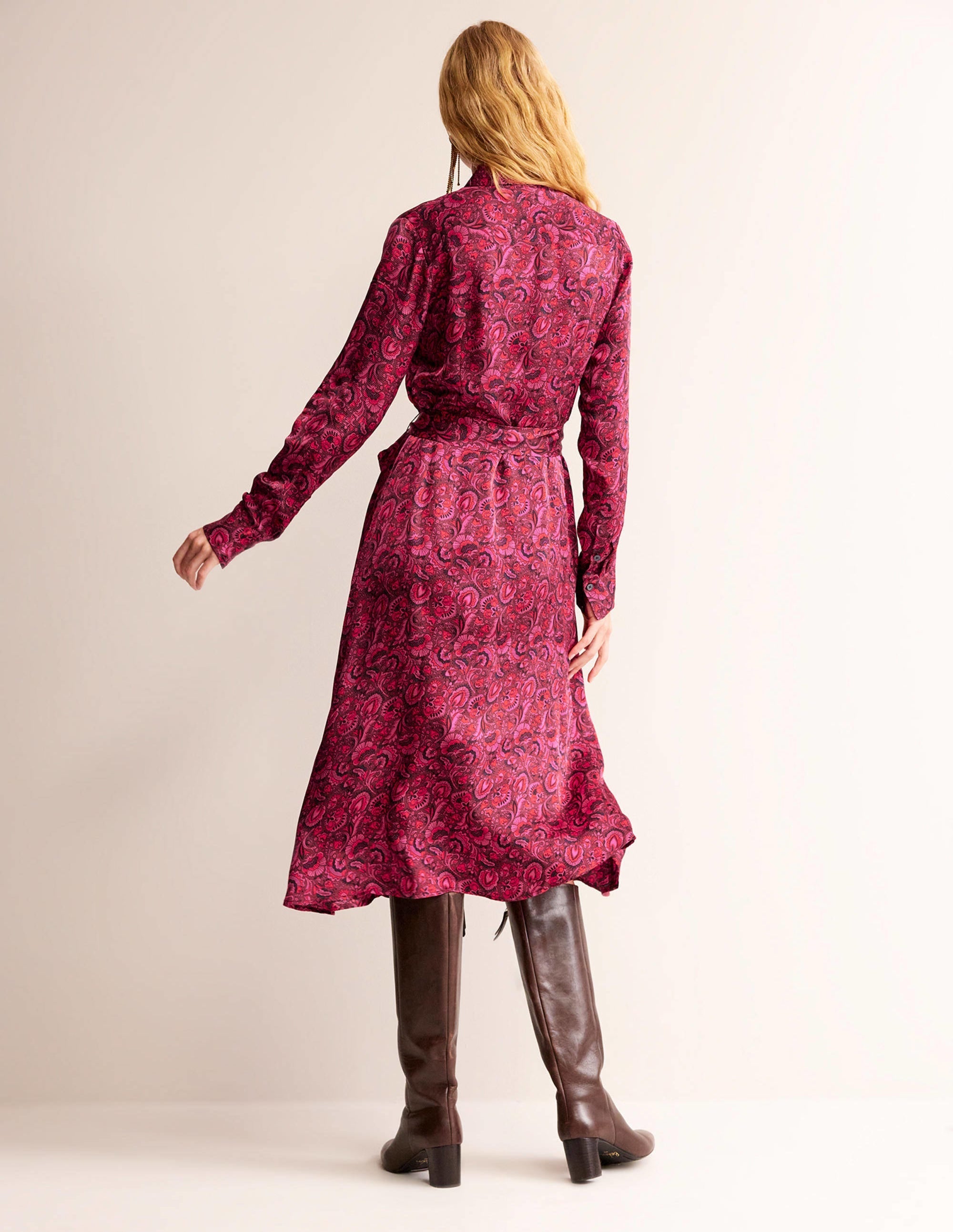 Kate Satin Shirt Dress-Burgundy Red, Florist - Image 3