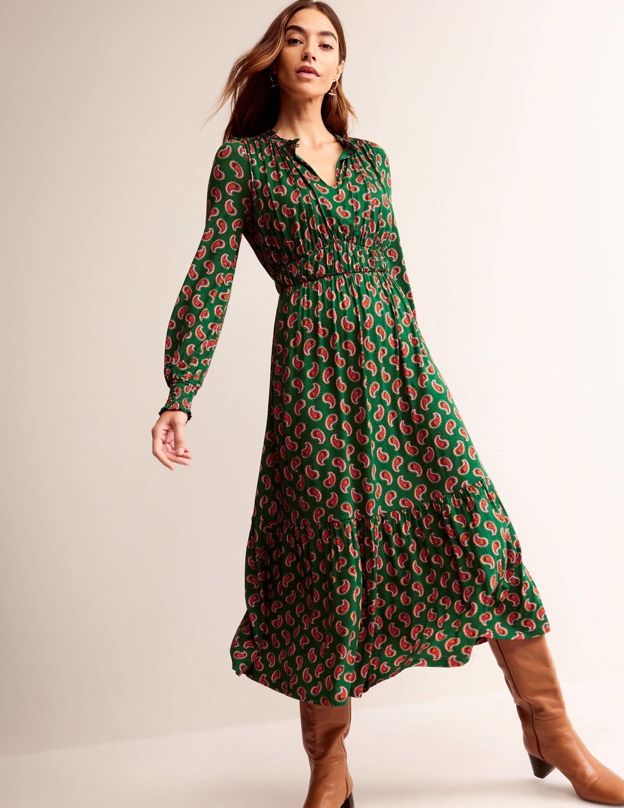 Rosanna Long Sleeve Tea Dress-Amazon Green, Paisley Bunch - Image 1