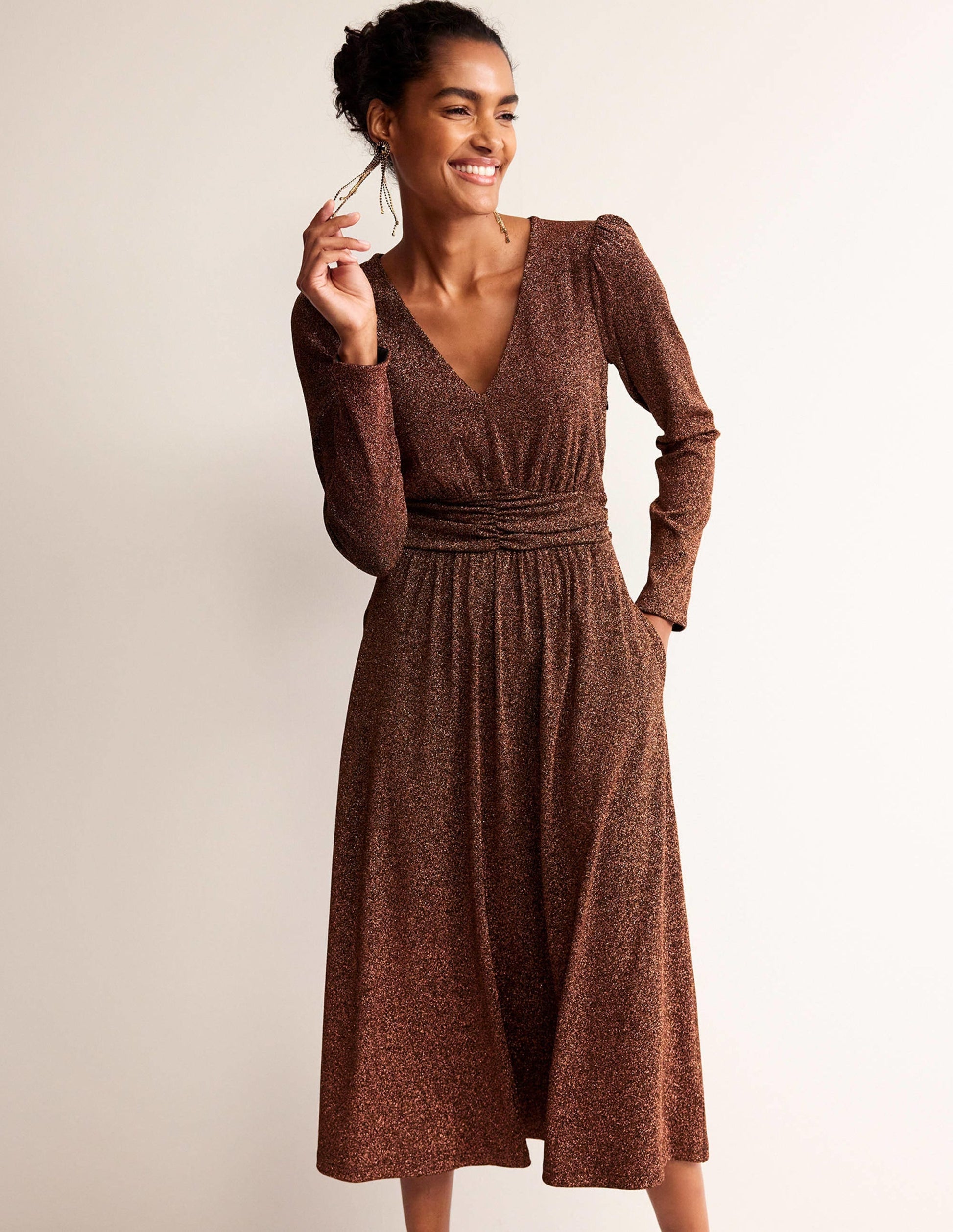 Ruched Waist Sparkle Dress-Copper-1