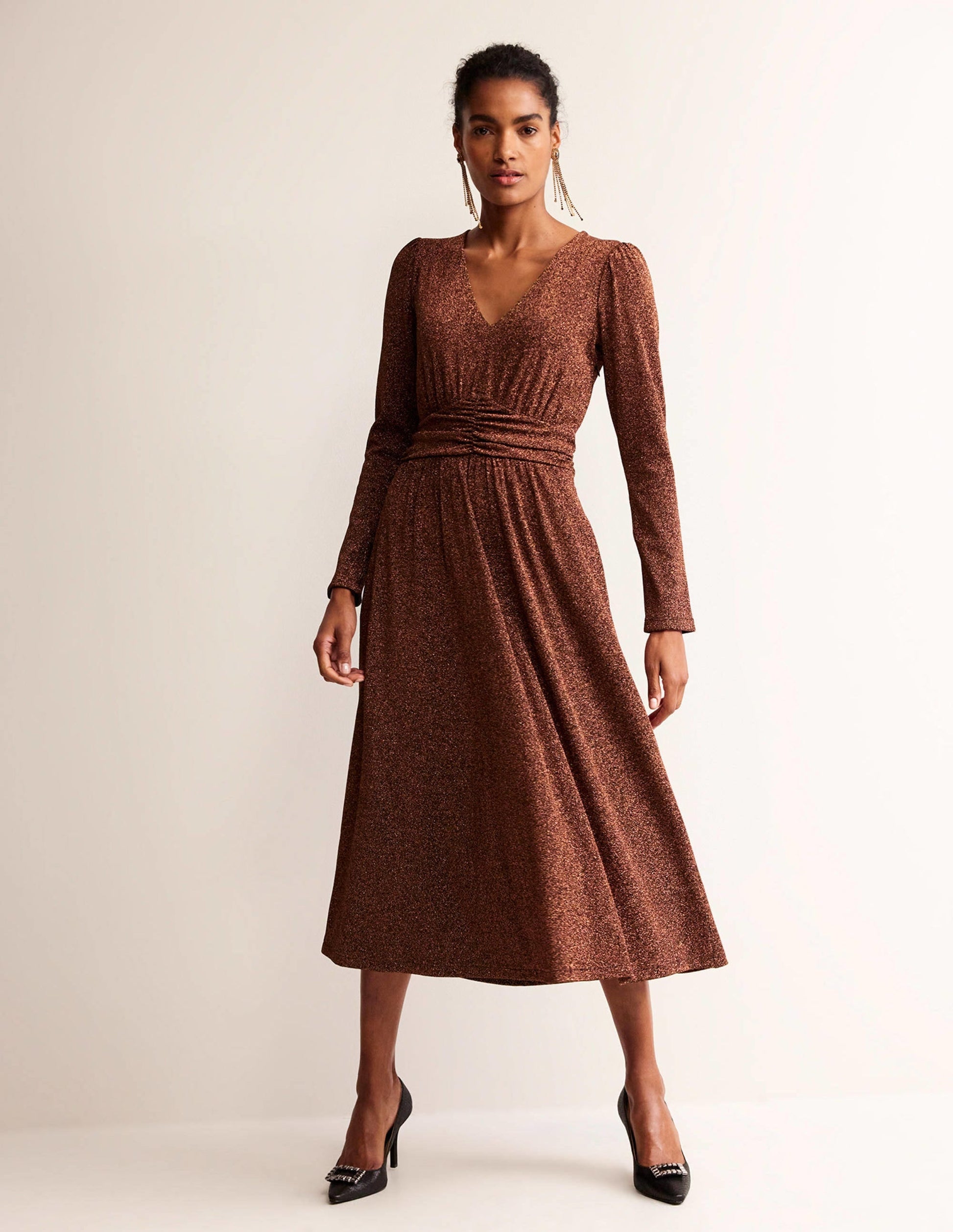 Ruched Waist Sparkle Dress-Copper-4