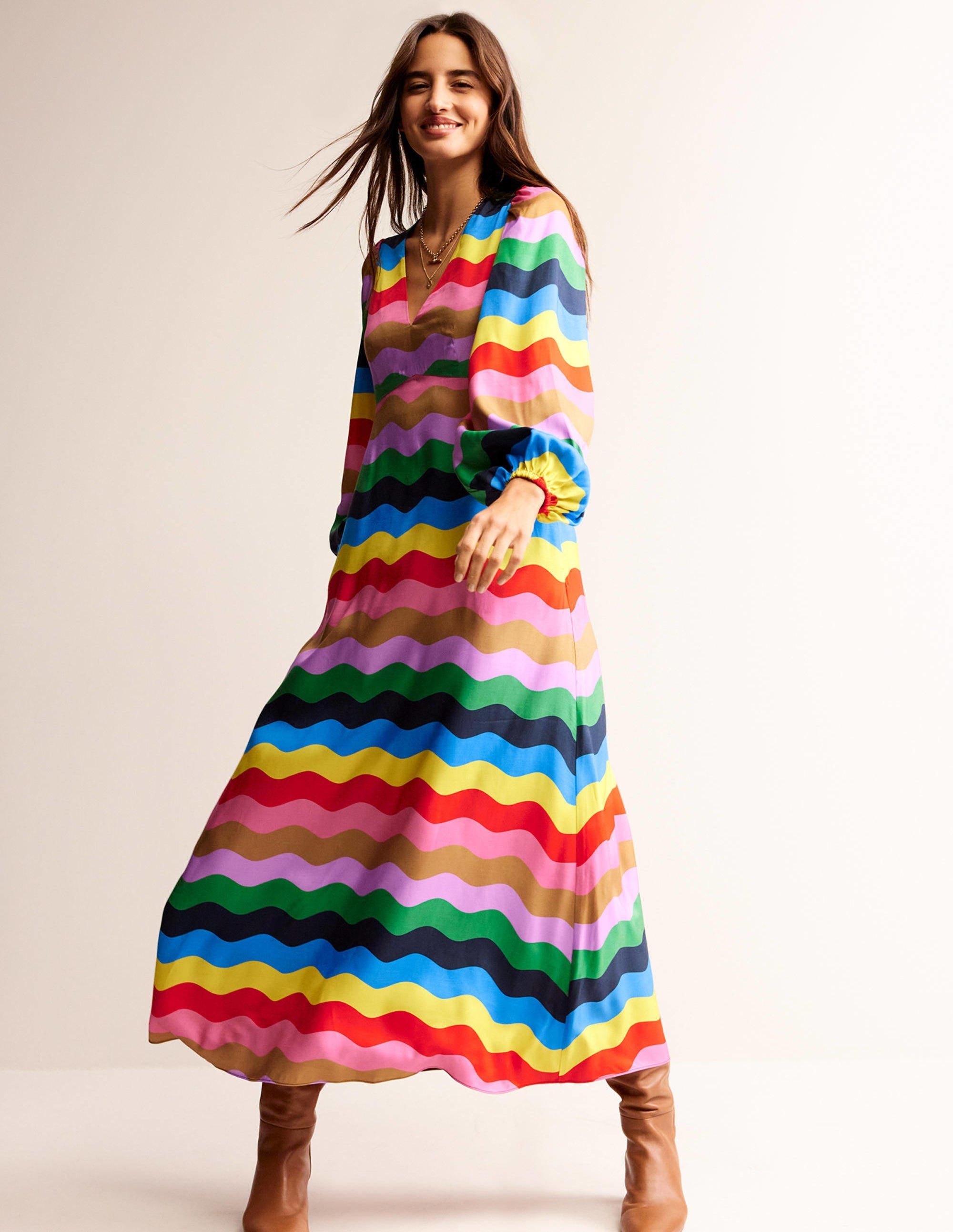 Empire Waist Maxi Tea Dress-Multi, Rainbow Wave - Image 1