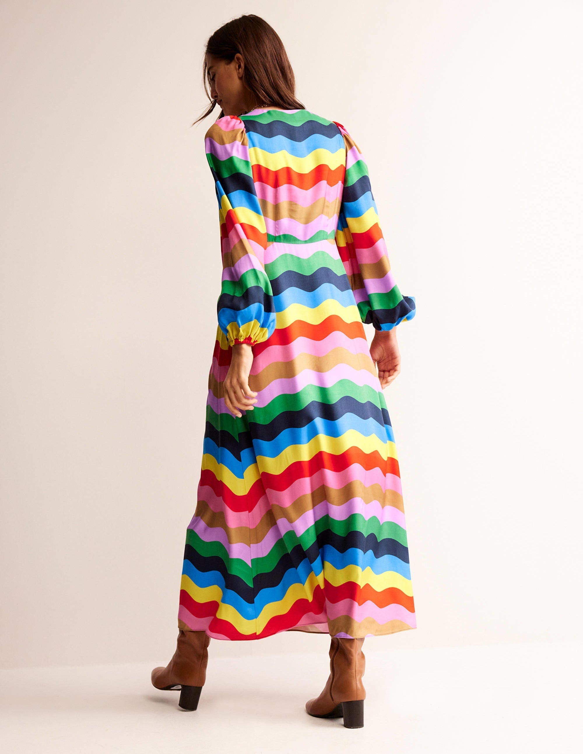 Empire Waist Maxi Tea Dress-Multi, Rainbow Wave - Image 3