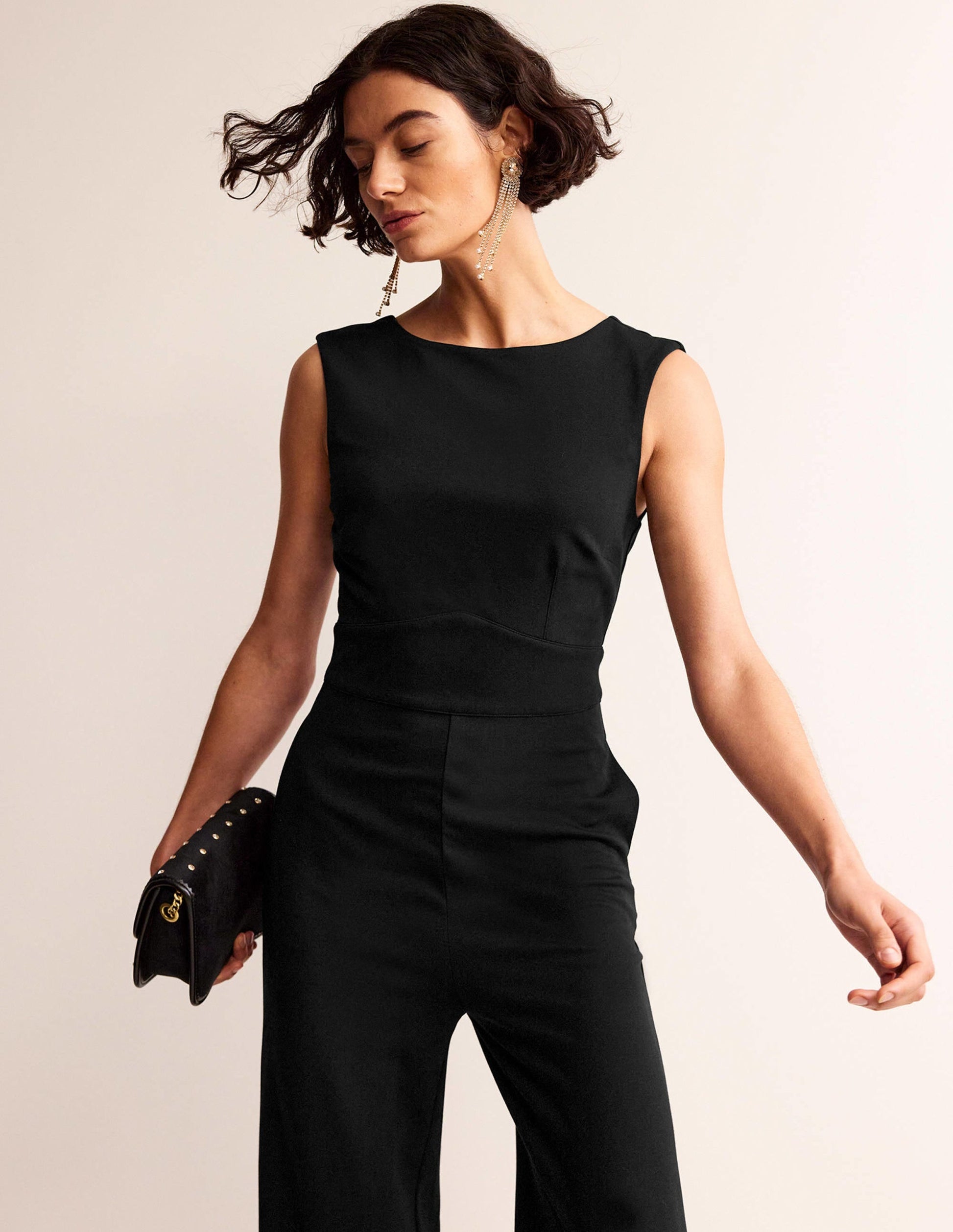 Sleeveless Ponte Jumpsuit-Black-2