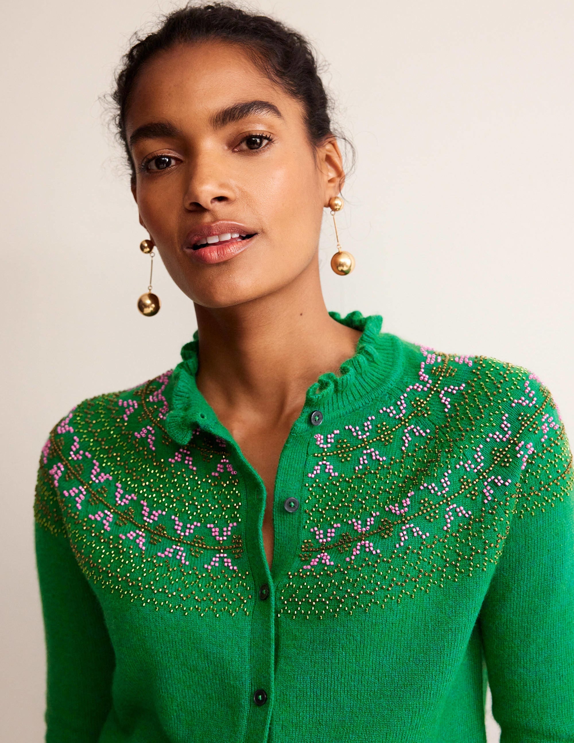 Embellished Yoke Cardigan-Veridian Green - Image 1