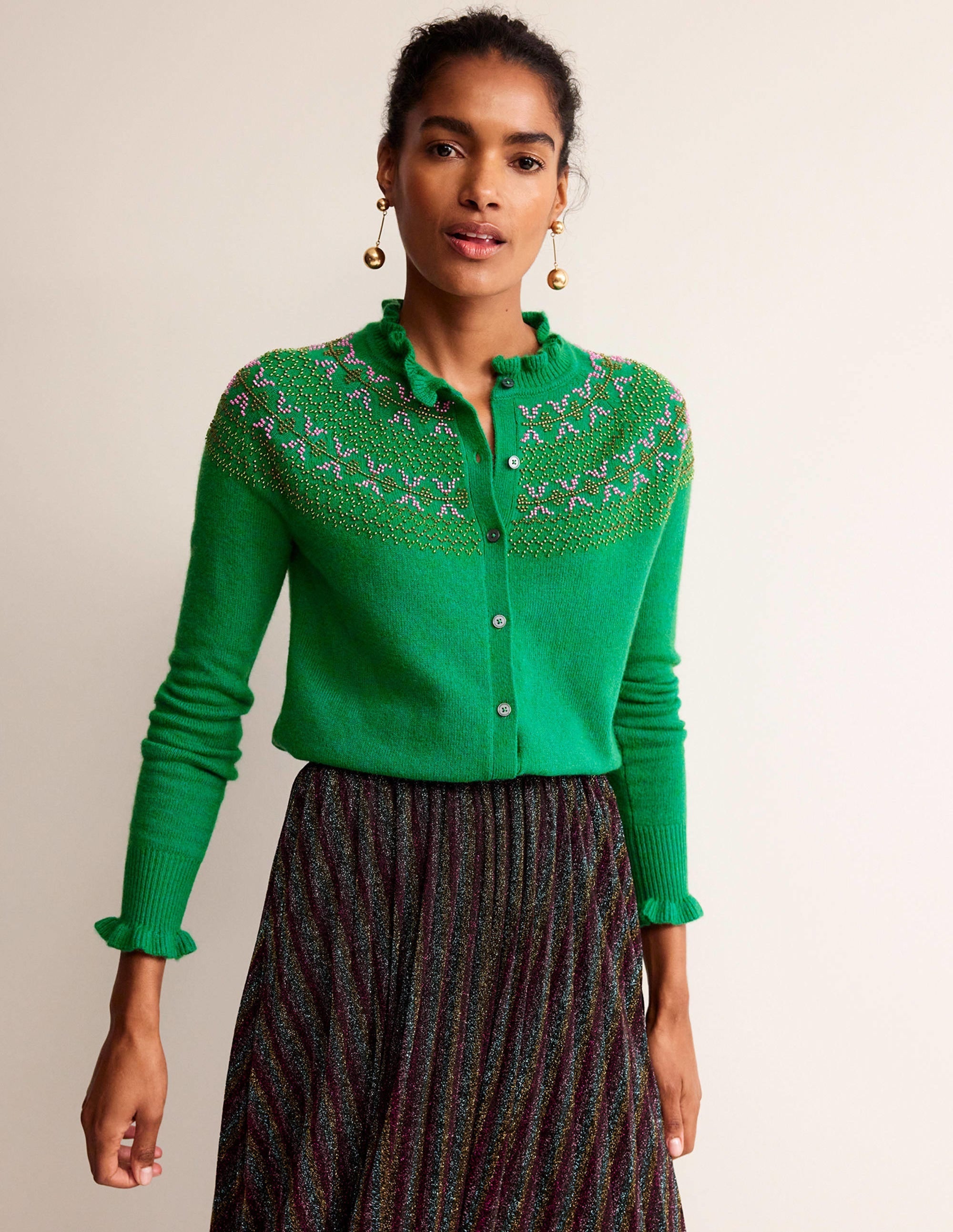 Embellished Yoke Cardigan-Veridian Green - Image 2