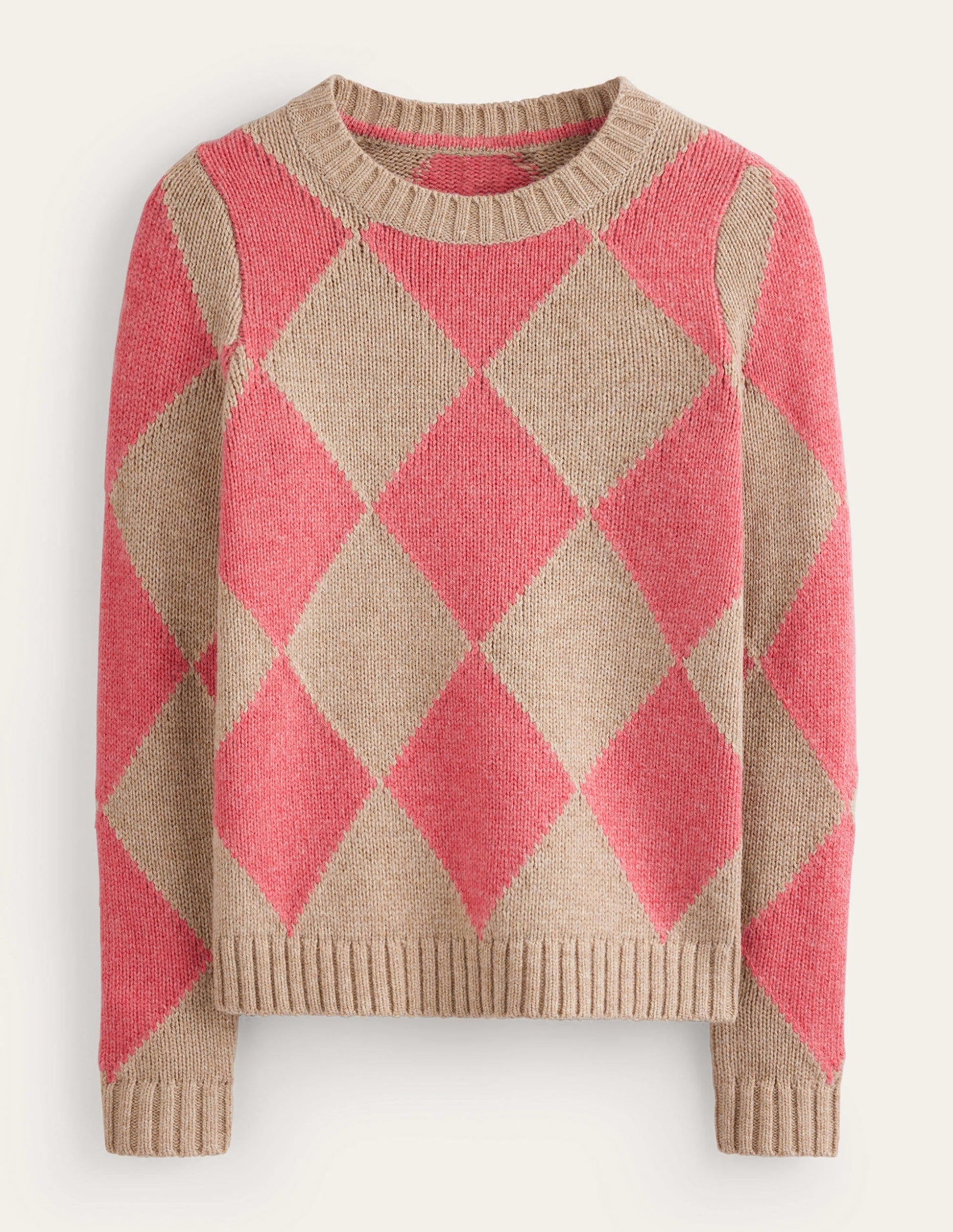 Argyle Crew Neck Jumper-Watermelon, Chinchilla Melange-5