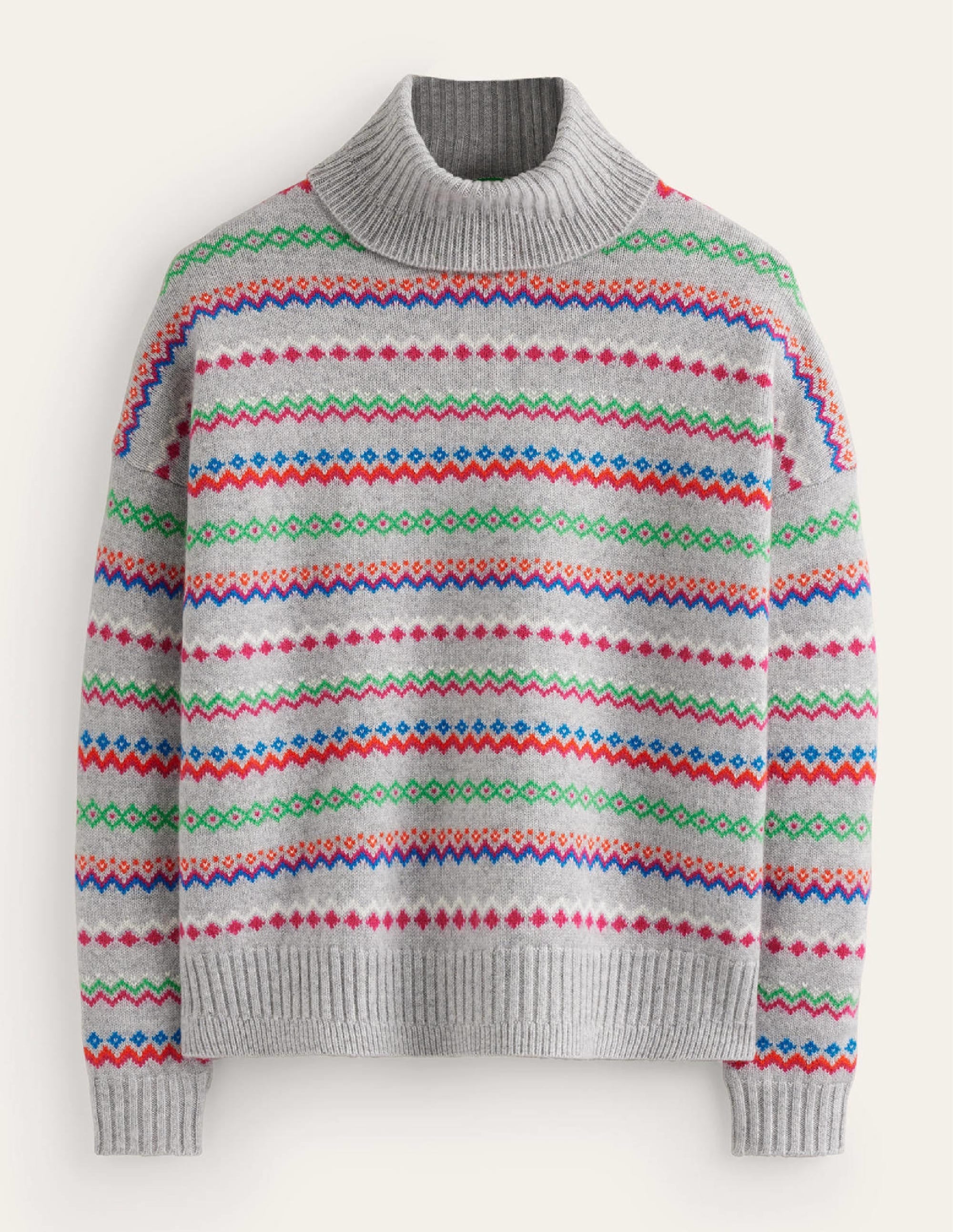 Roll Neck Cashmere Jumper-Grey Melange Fairisle - Image 7