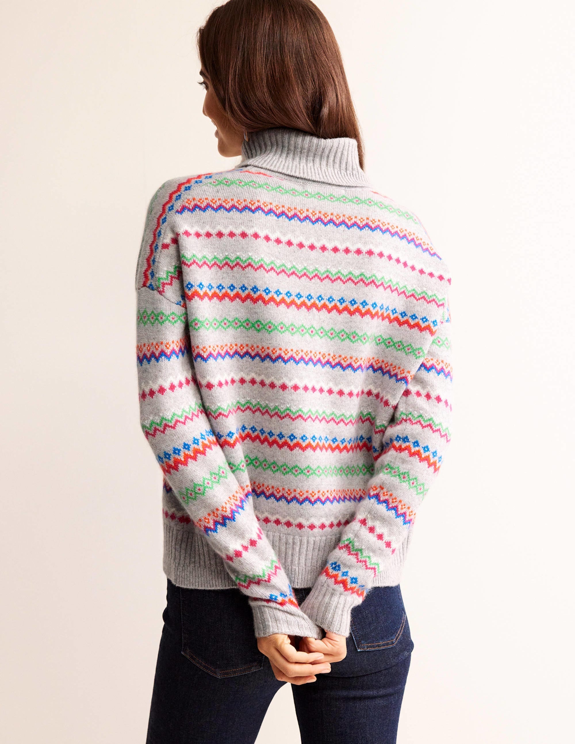 Roll Neck Cashmere Jumper-Grey Melange Fairisle - Image 3