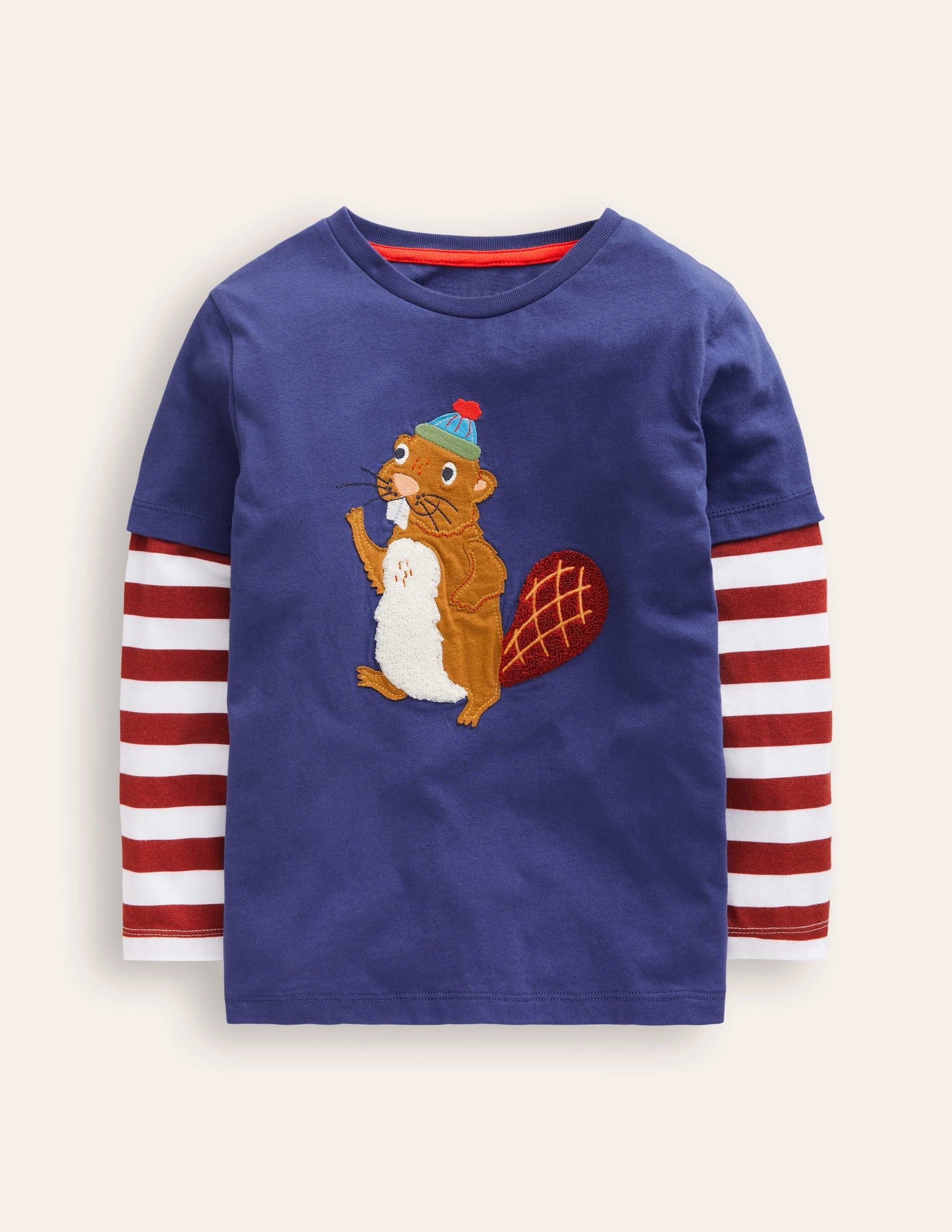 Applique Mock Sleeve T-Shirt-Starboard Blue Beaver-1