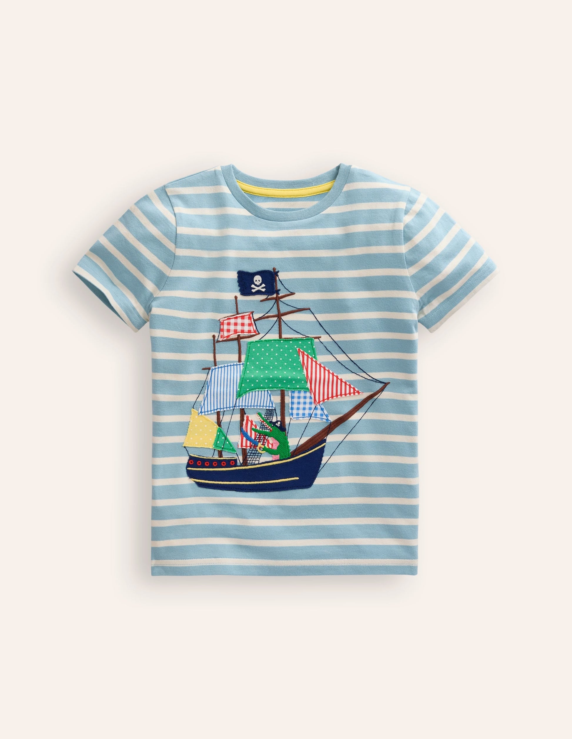 Appliqué Pirate Ship T-shirt-Vintage Blue/ Ivory Stripe-1