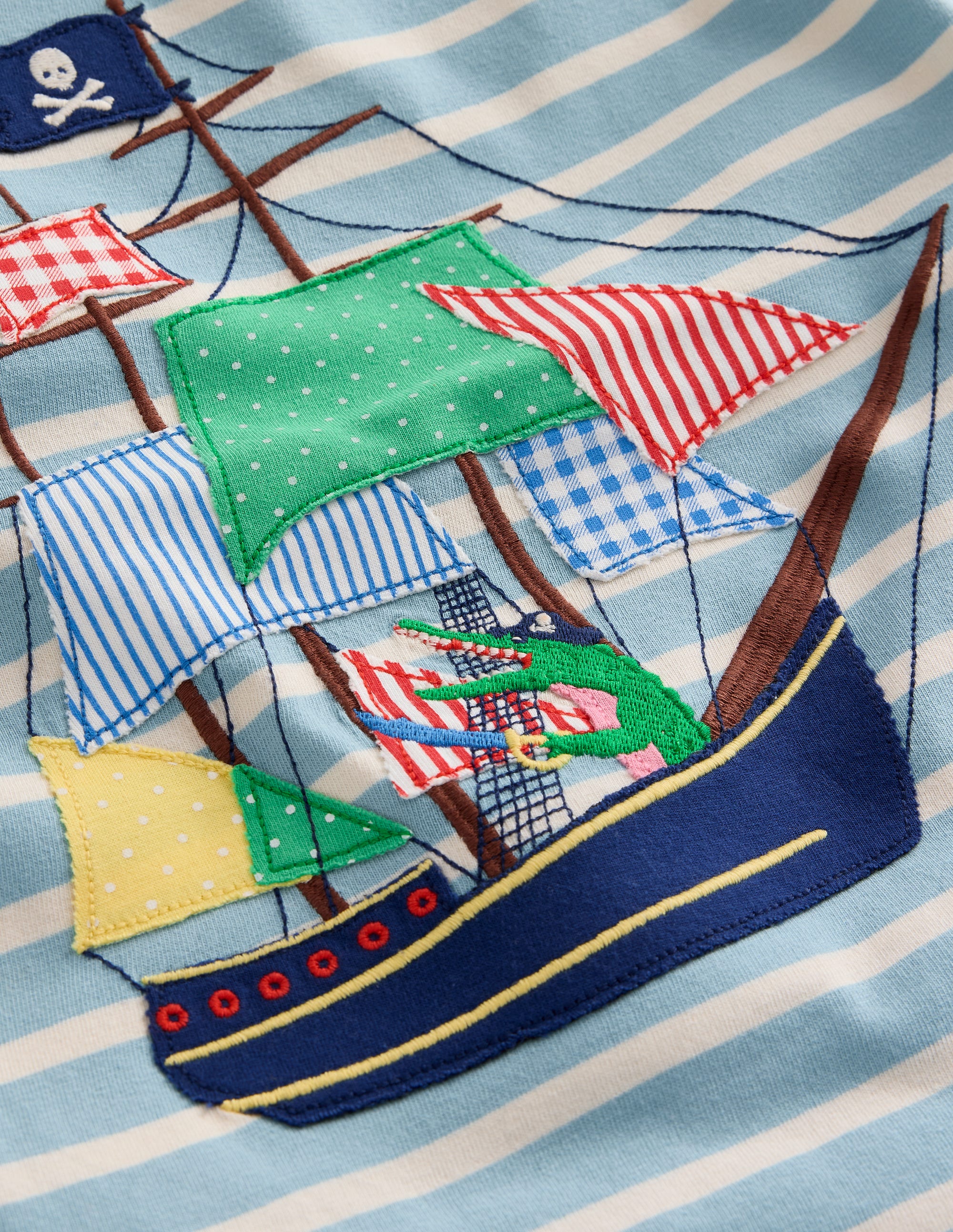 Appliqué Pirate Ship T-shirt-Vintage Blue/ Ivory Stripe - Image 3