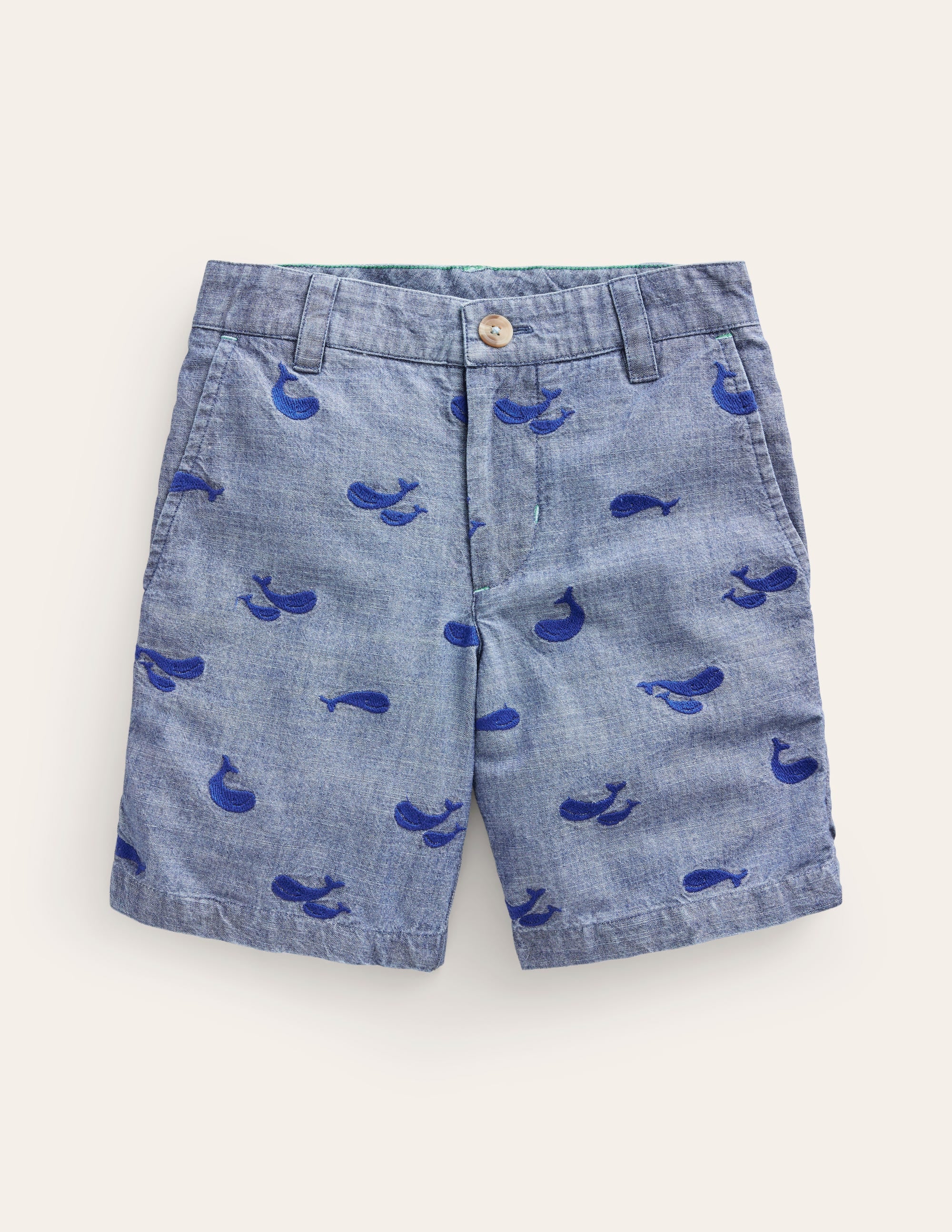 Embroidered Chino Shorts-Chambray Whale Embroidery - Image 1