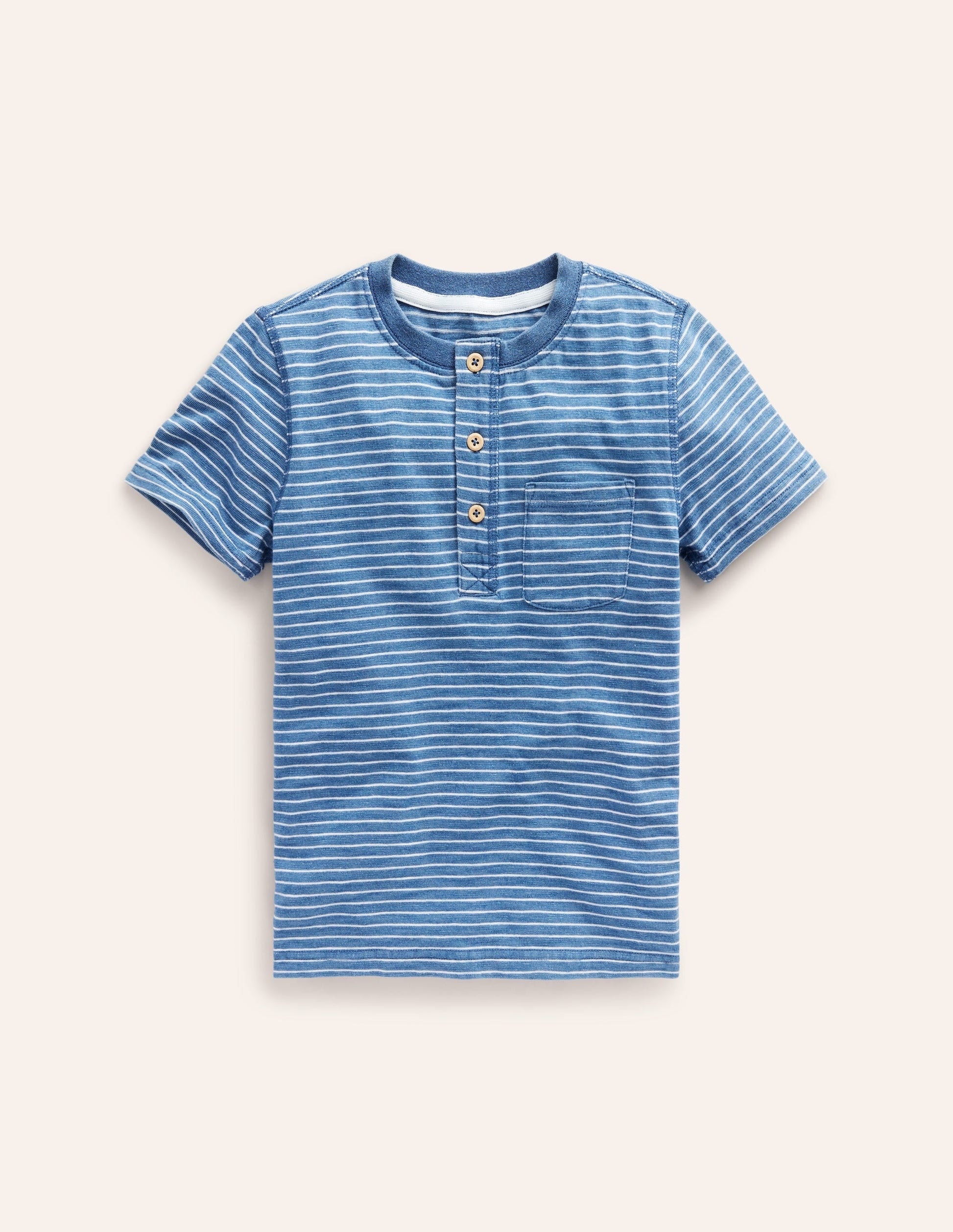 Washed Cotton Henley T-shirt-Indigo Stripe-1