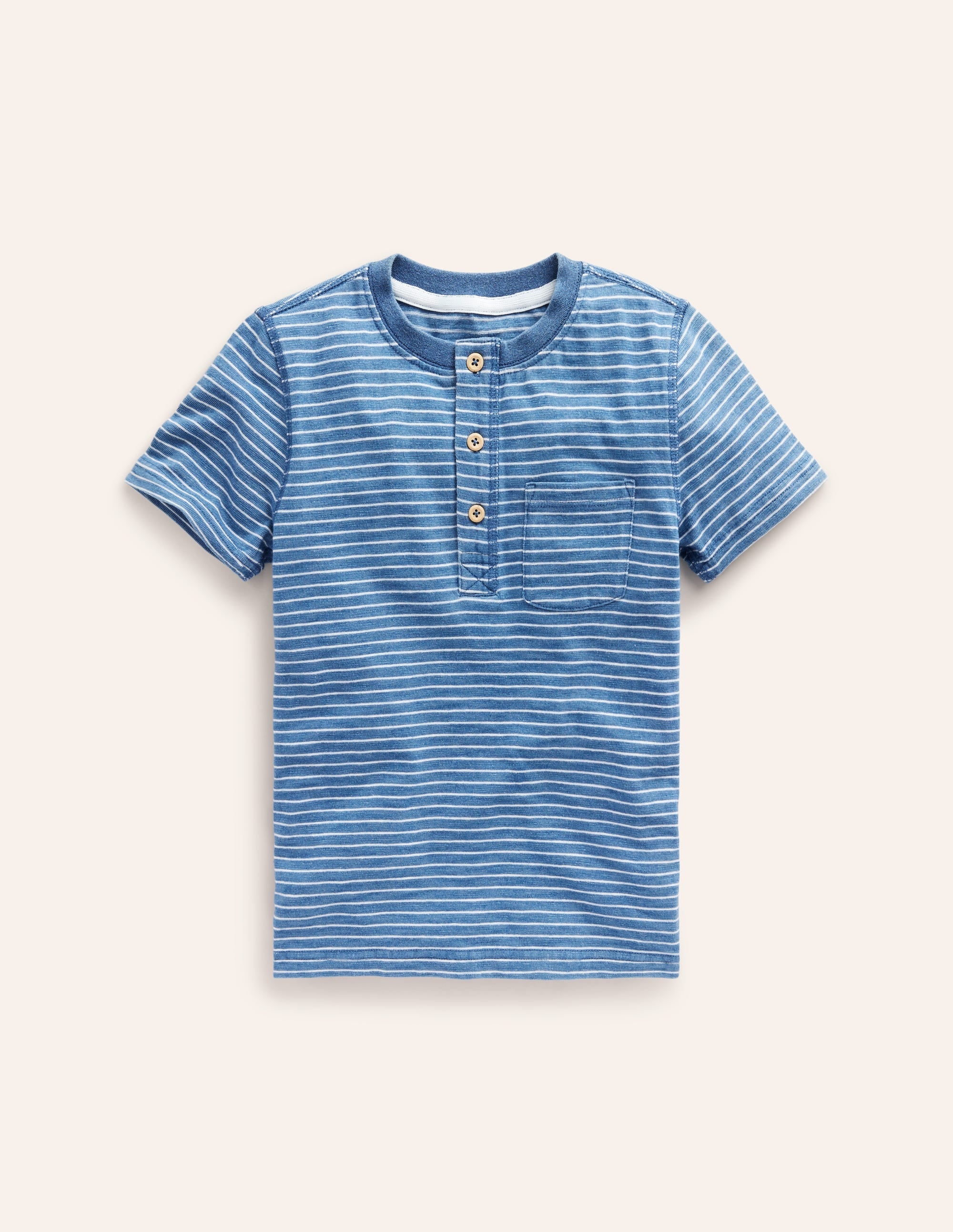 Washed Cotton Henley T-shirt-Indigo Stripe - Image 1
