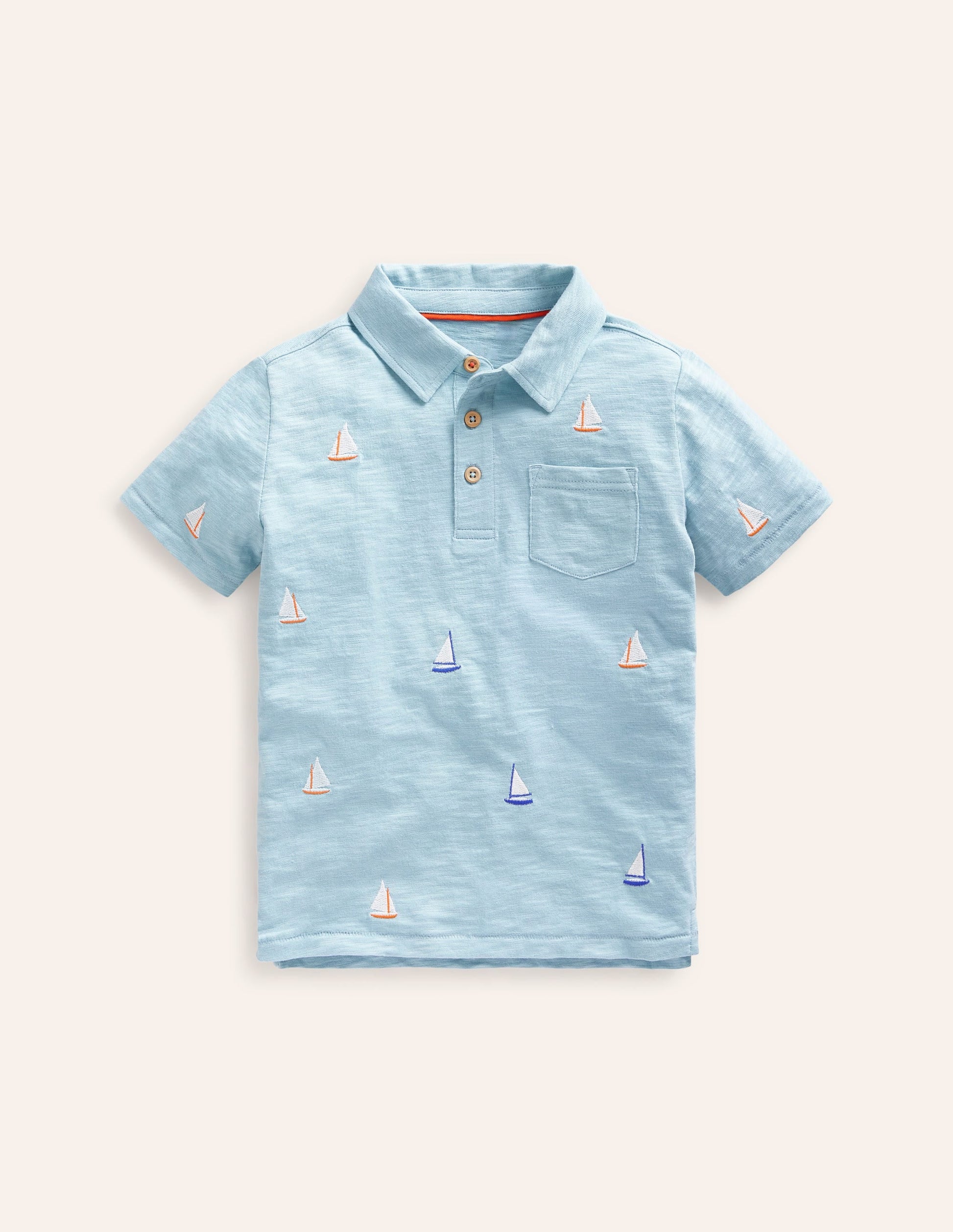 Embroidered Slub Polo Shirt-Vintage Blue Boat Embroidery-1