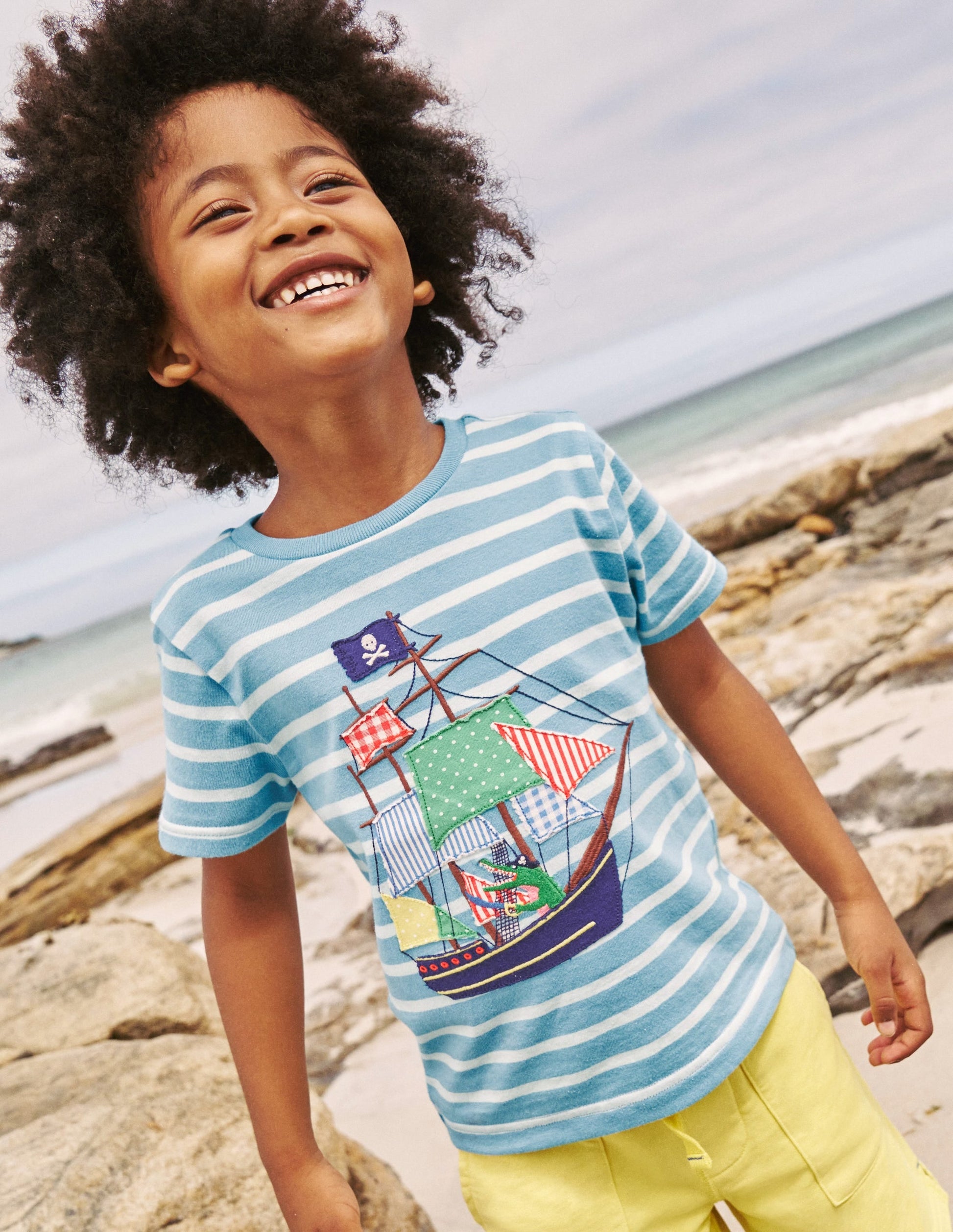 Appliqué Pirate Ship T-shirt-Vintage Blue/ Ivory Stripe-4
