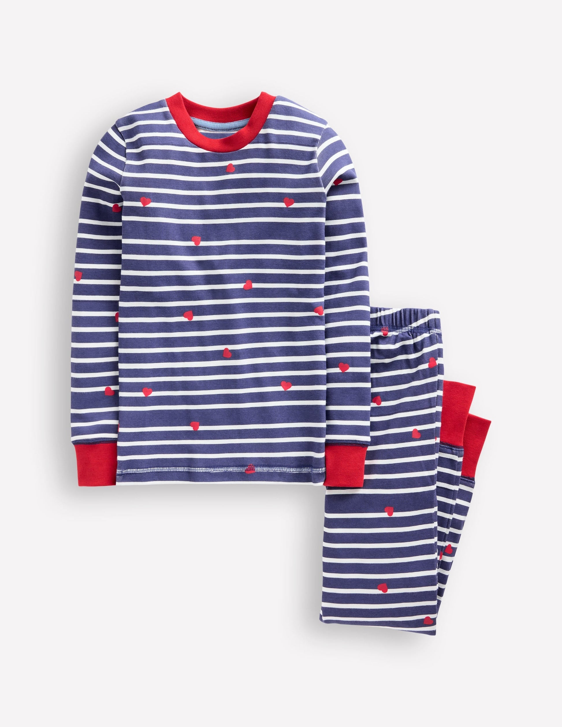 Snug Long John Pyjamas-Navy Breton with Tiny Hearts-1