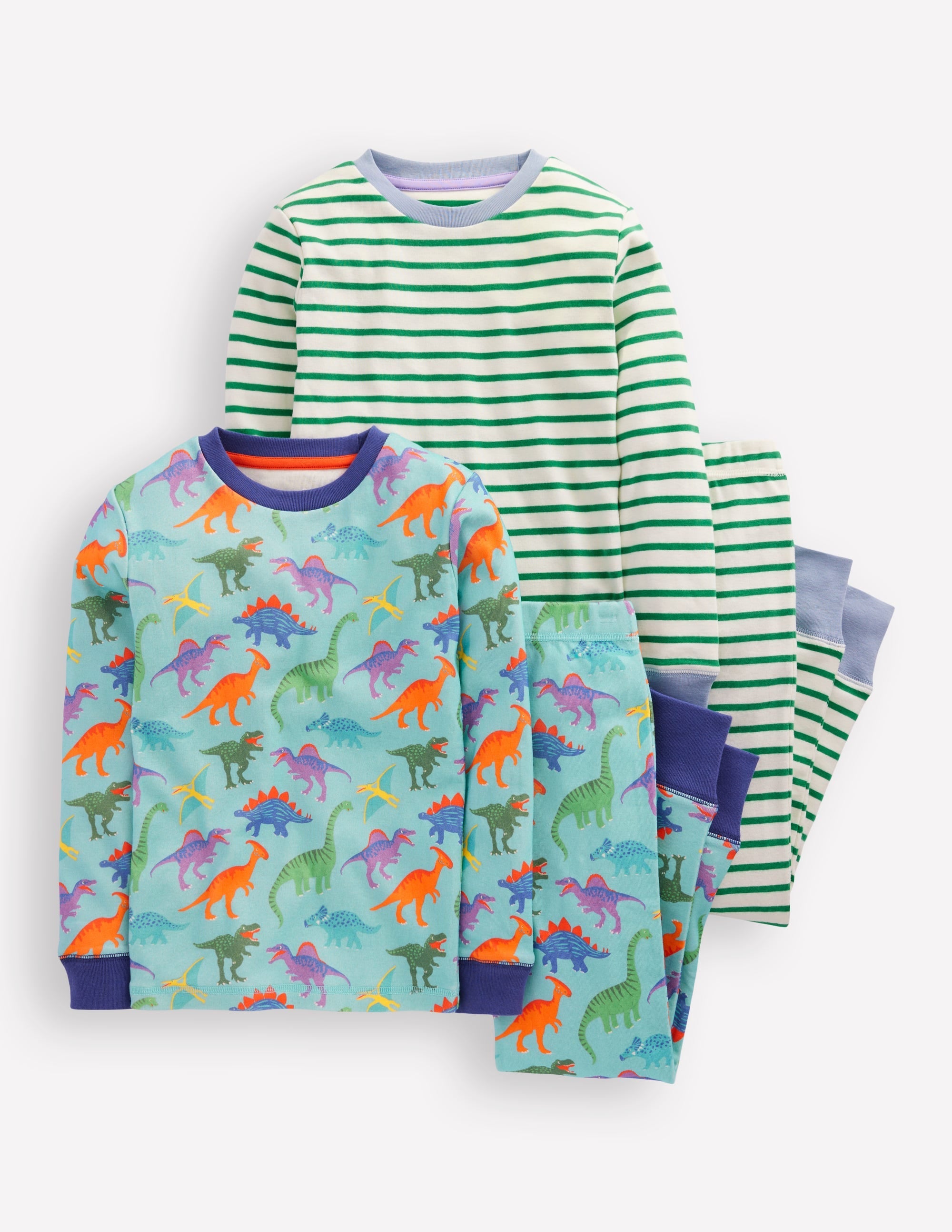 Snug Twin Pack Pyjamas-Blue Dinos and Green Stripe - Image 1