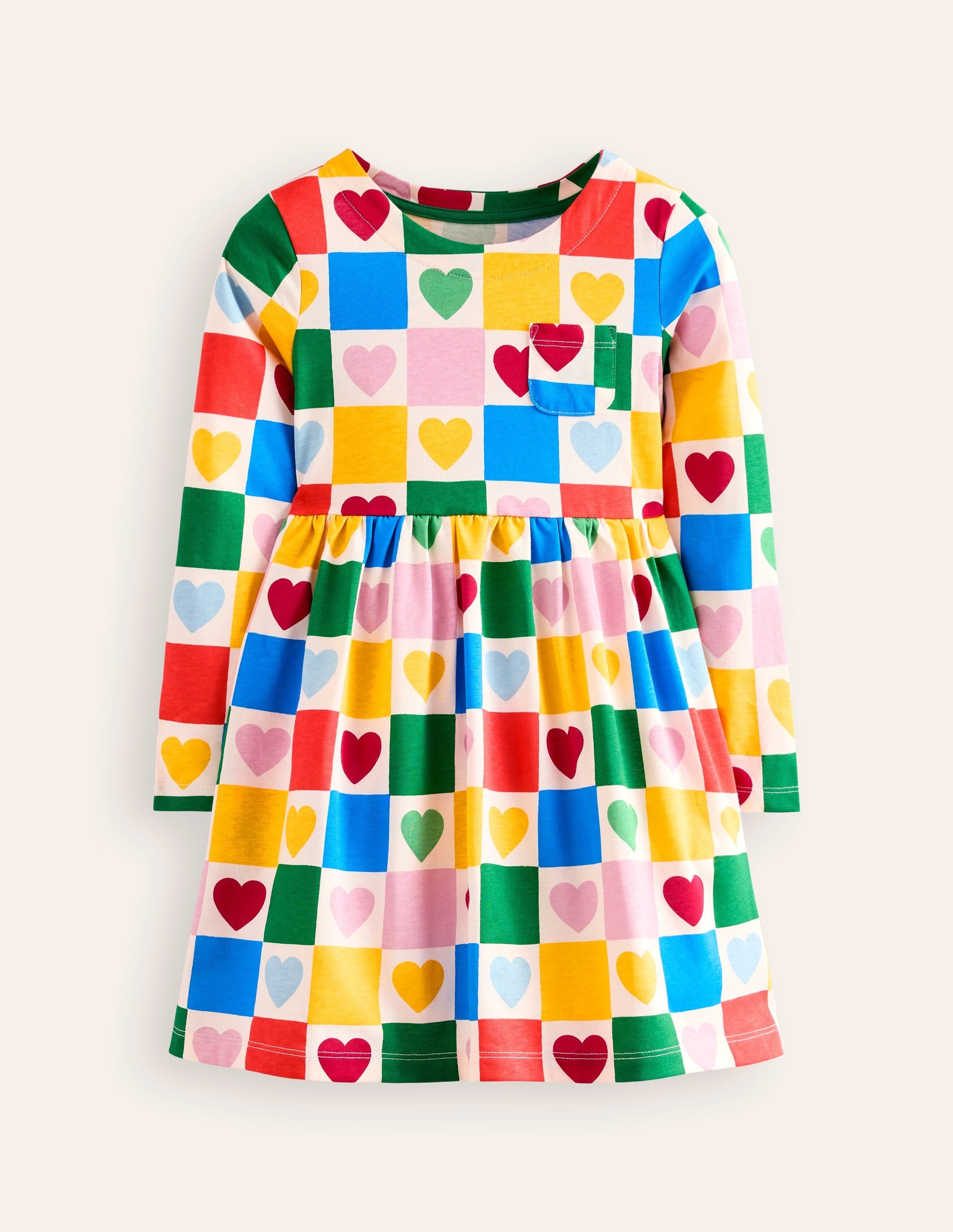 Long-Sleeved Fun Jersey Dress-Multi Chequerboard Hearts-1