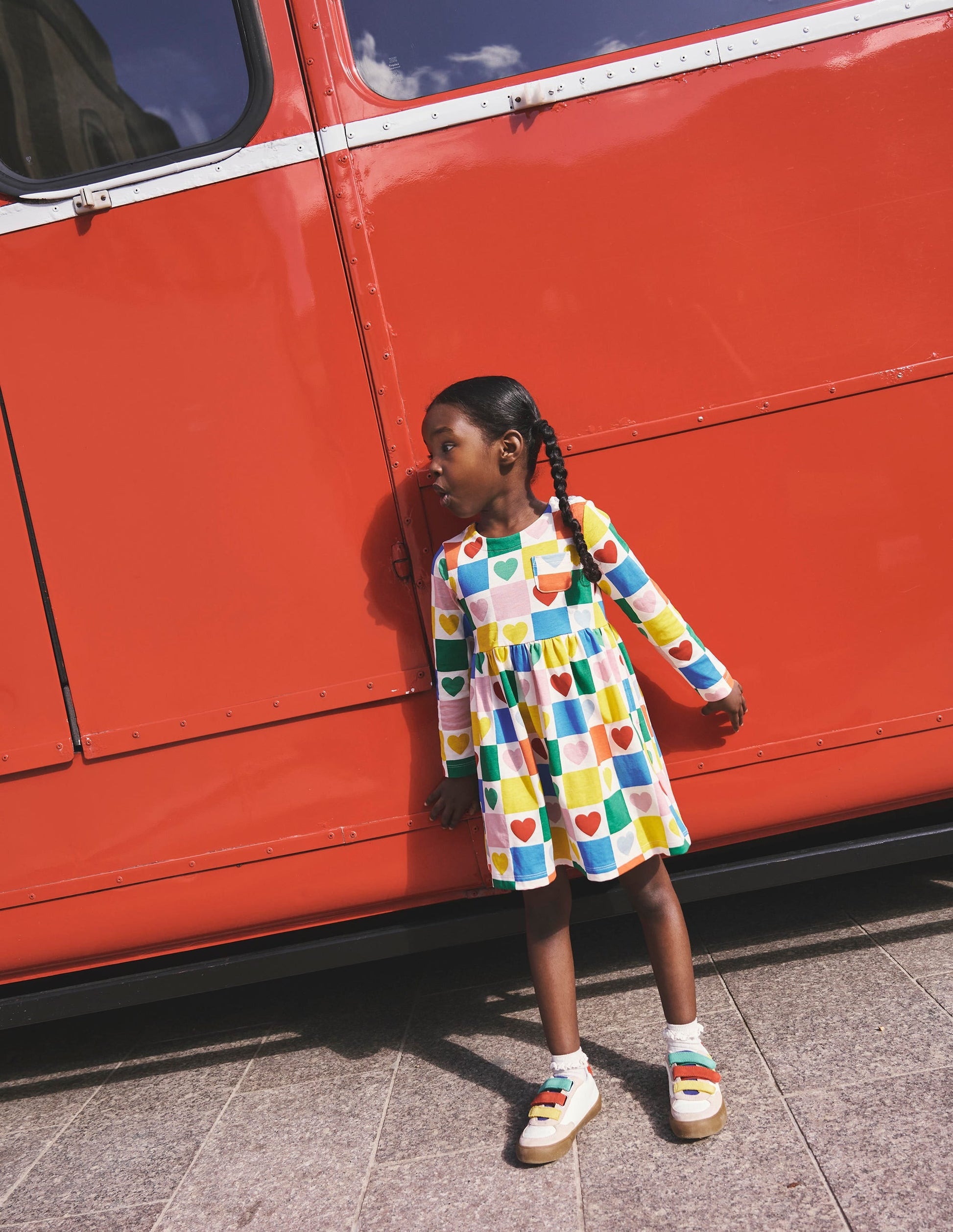 Long-Sleeved Fun Jersey Dress-Multi Chequerboard Hearts-4