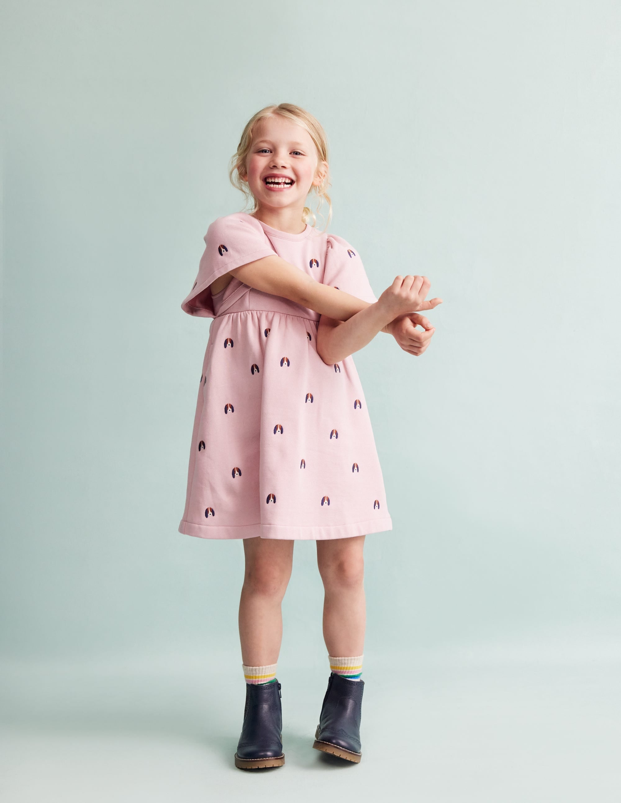 Embroidered Cosy Sweat Dress-Vintage Pink Pups - Image 5