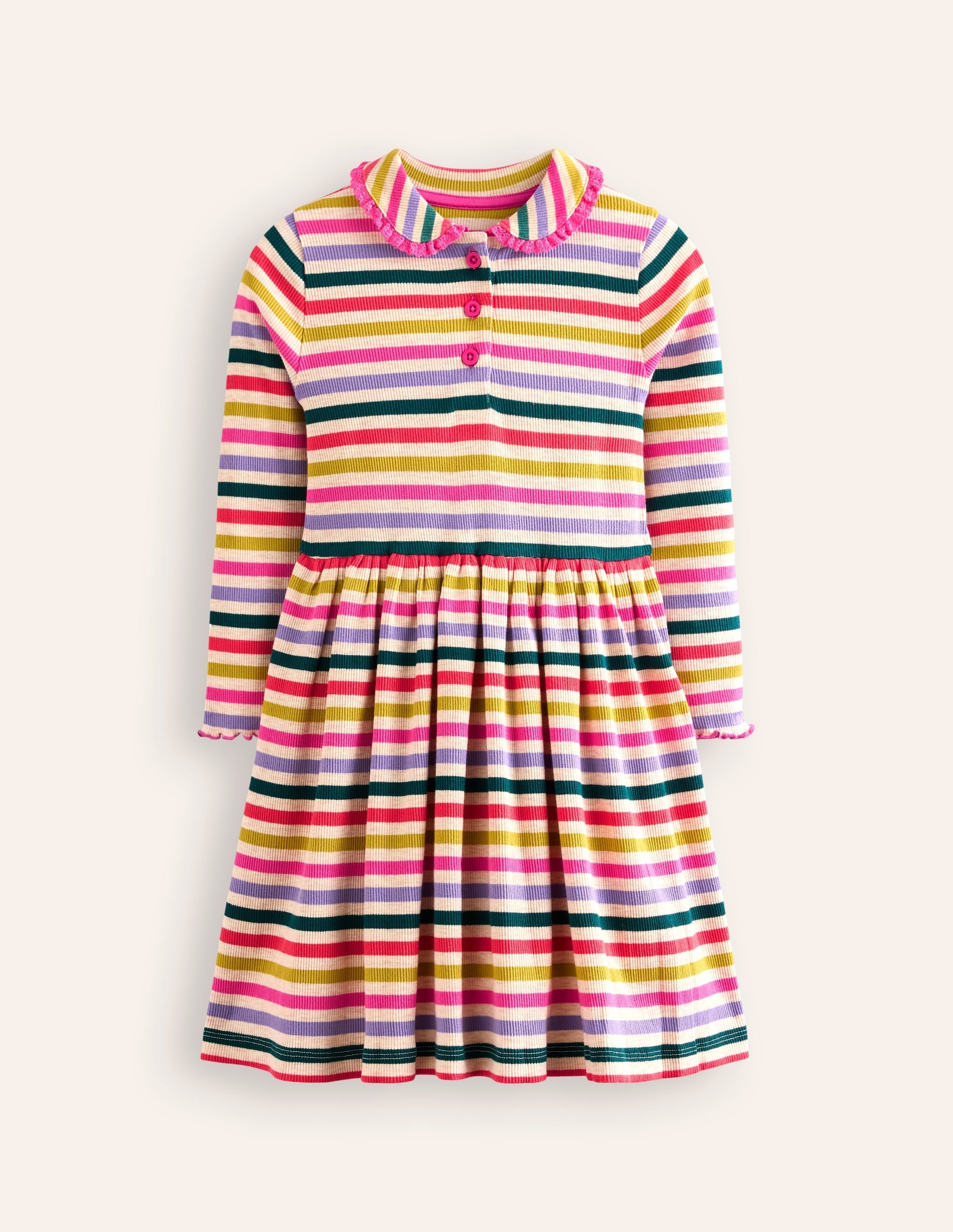 Collared Rib Twirly Dress-Oatmeal Melange Multi Stripe - Image 1
