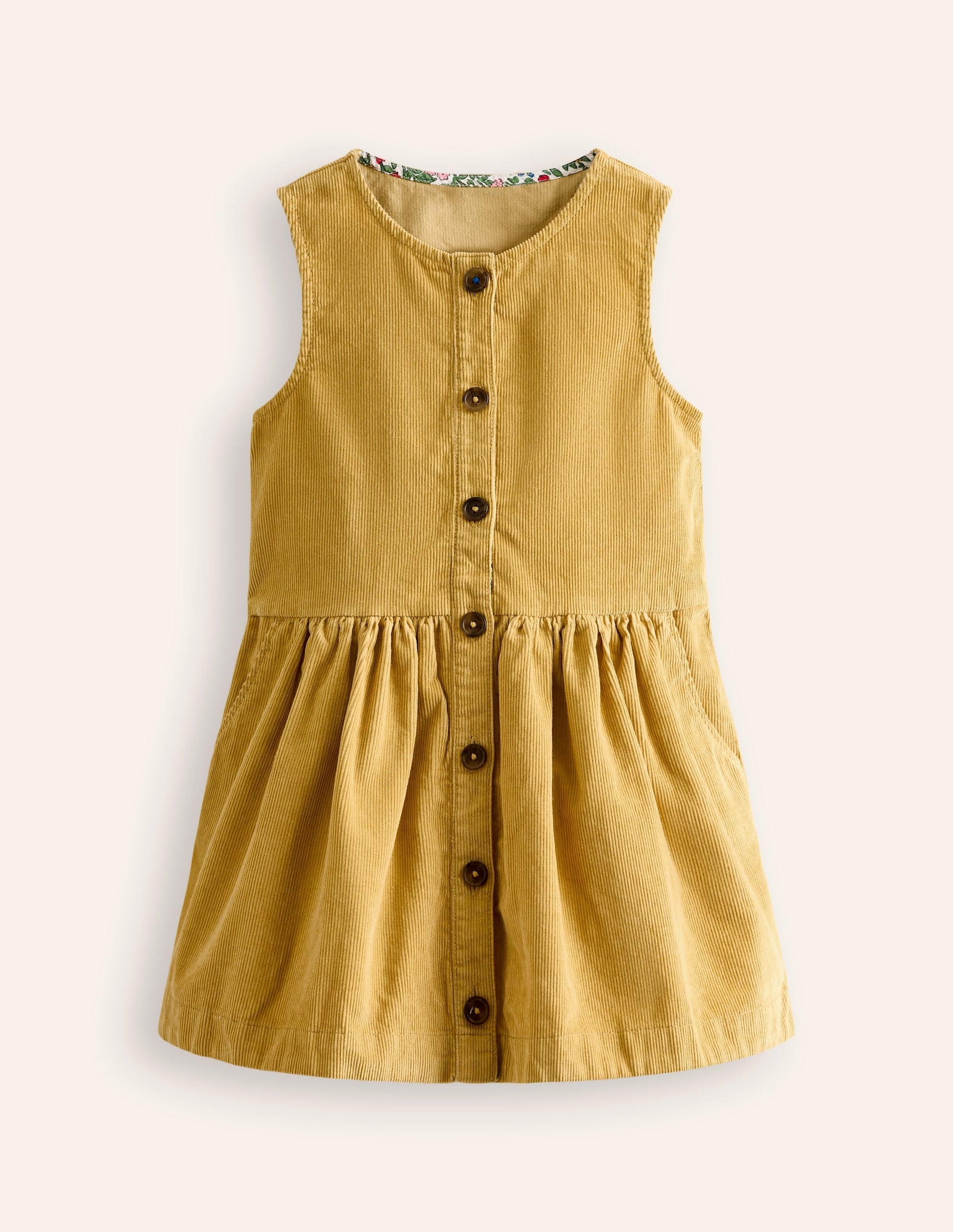 Button Through Pinafore Dress-Honeycomb Yellow Cord-1
