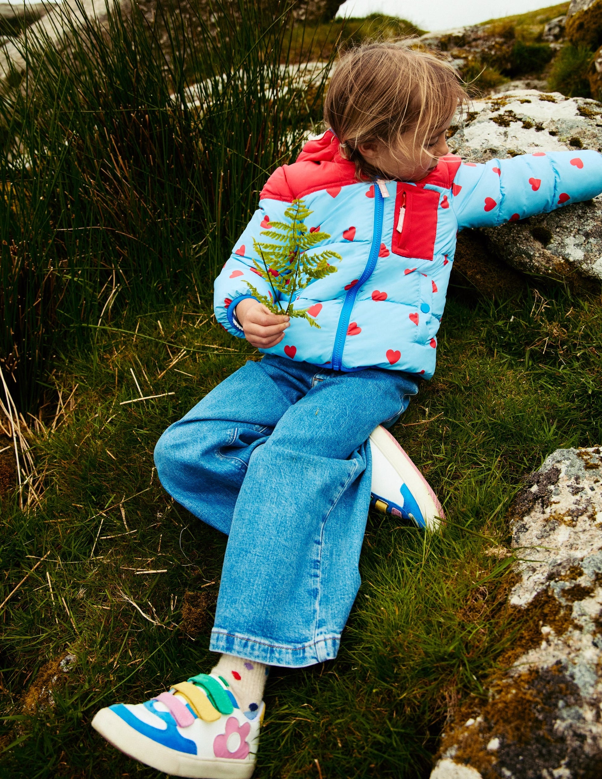 Reversible Padded Borg Coat-Blue/Red Ditsy Hearts-6