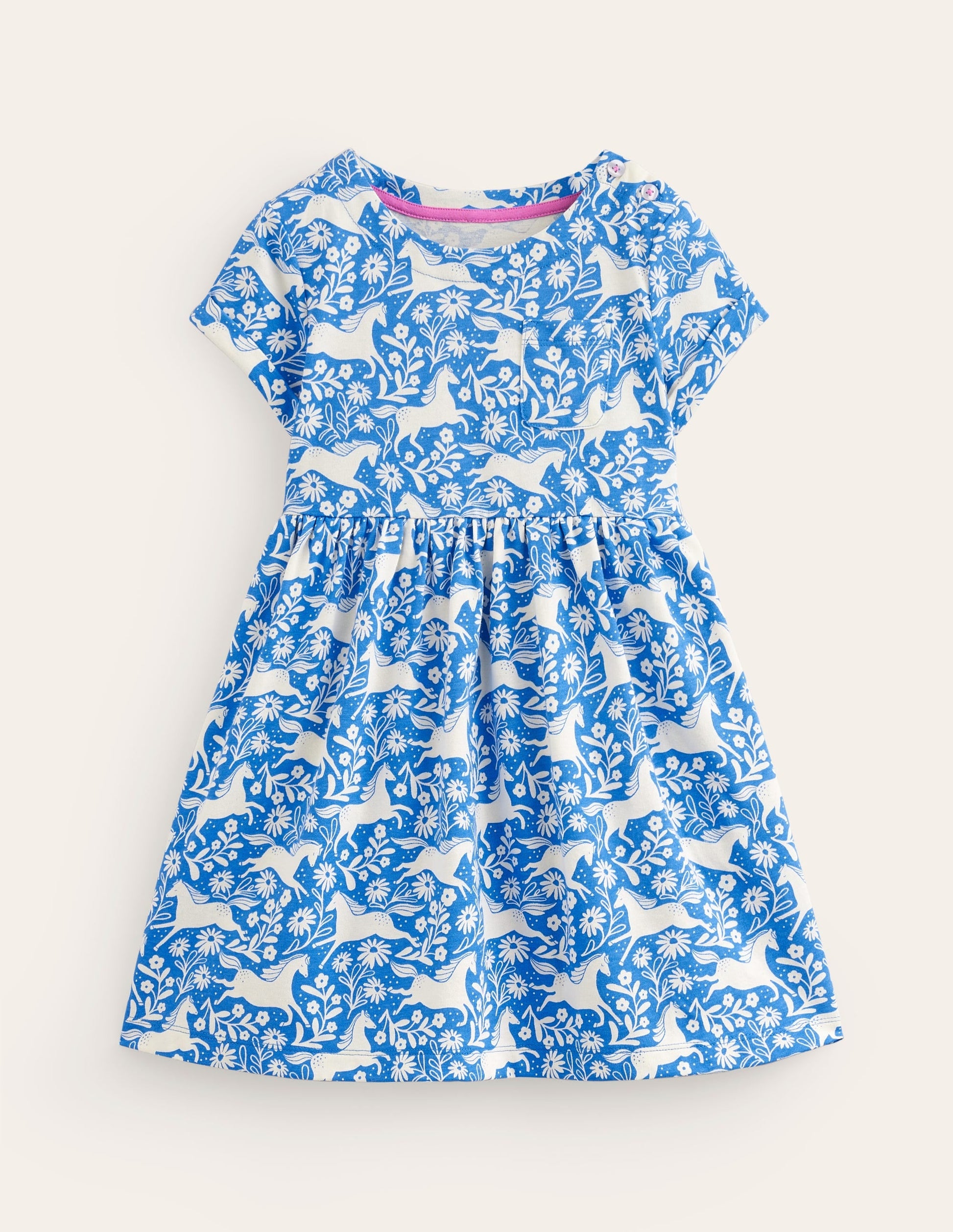 Short-sleeved Fun Jersey Dress-Peacock Plume Blue Horses-1