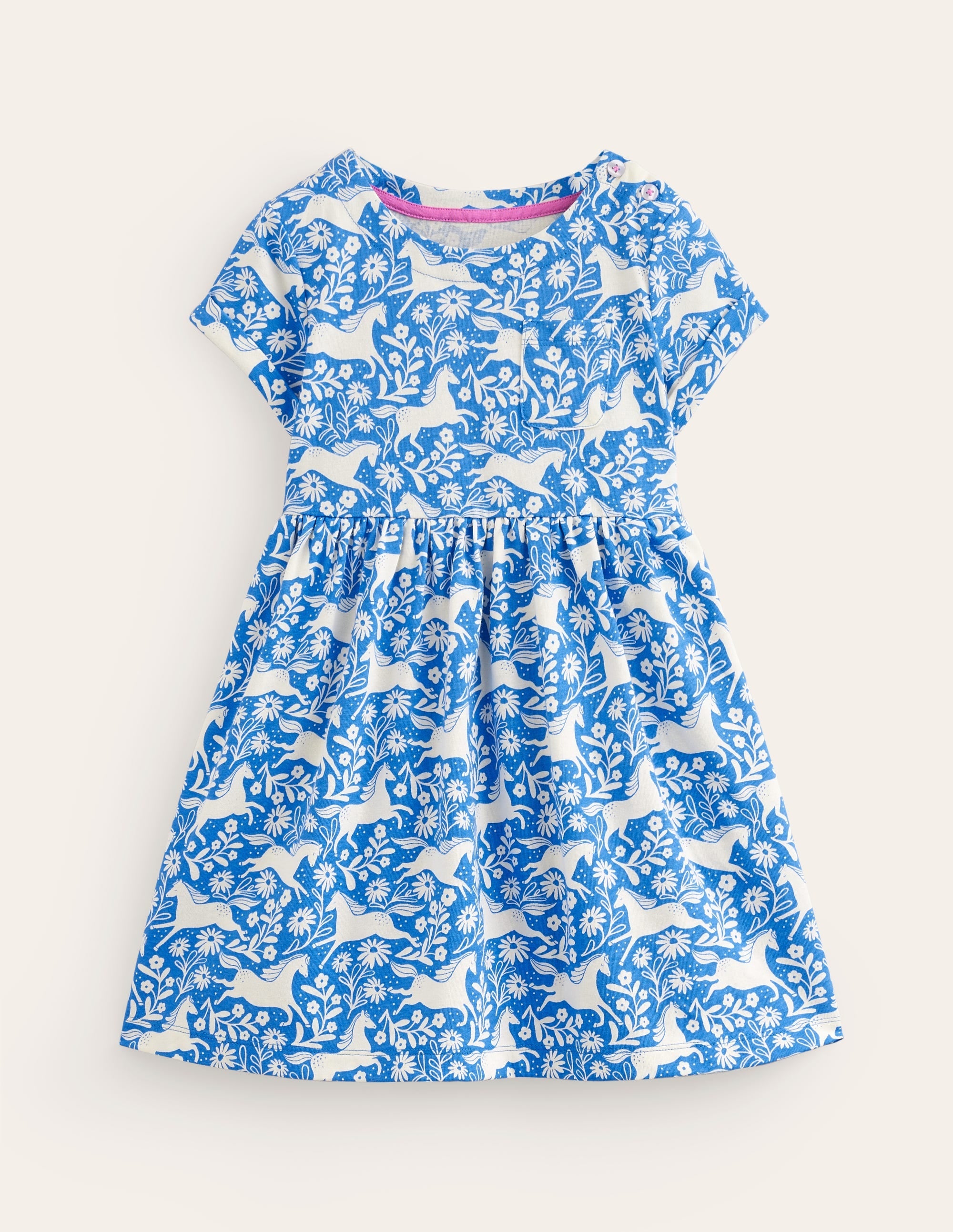 Short-sleeved Fun Jersey Dress-Peacock Plume Blue Horses - Image 1