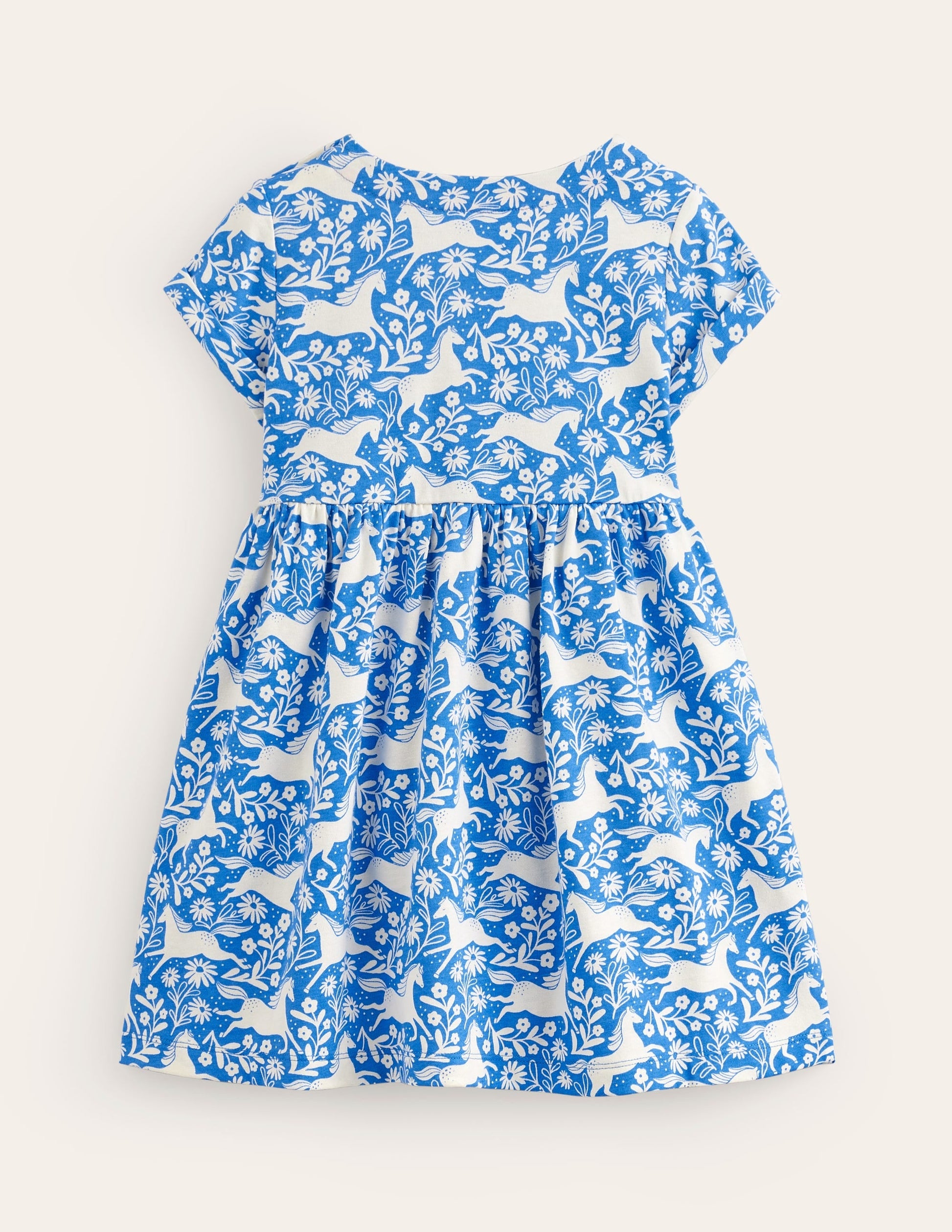 Short-sleeved Fun Jersey Dress-Peacock Plume Blue Horses-2