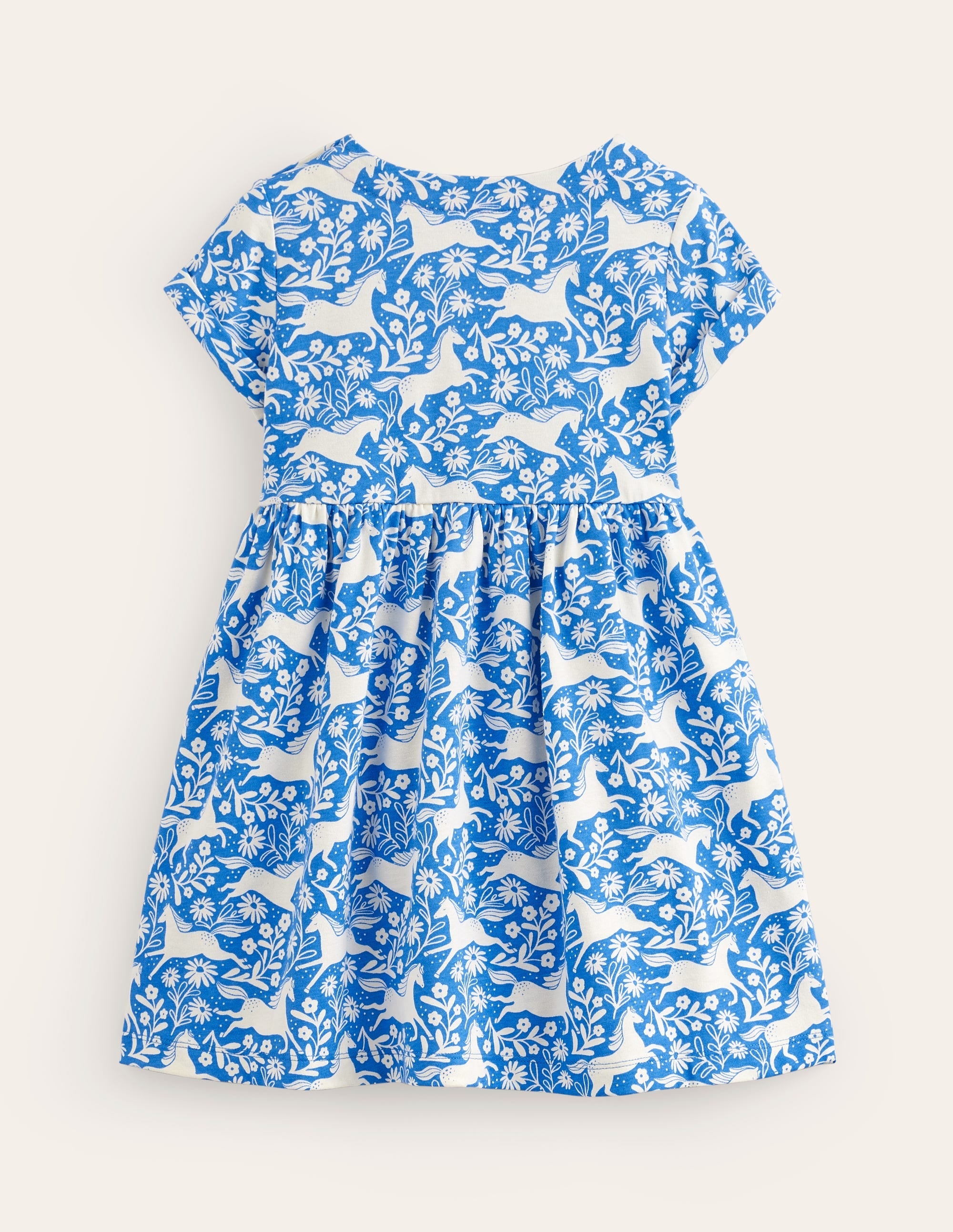 Short-sleeved Fun Jersey Dress-Peacock Plume Blue Horses - Image 2