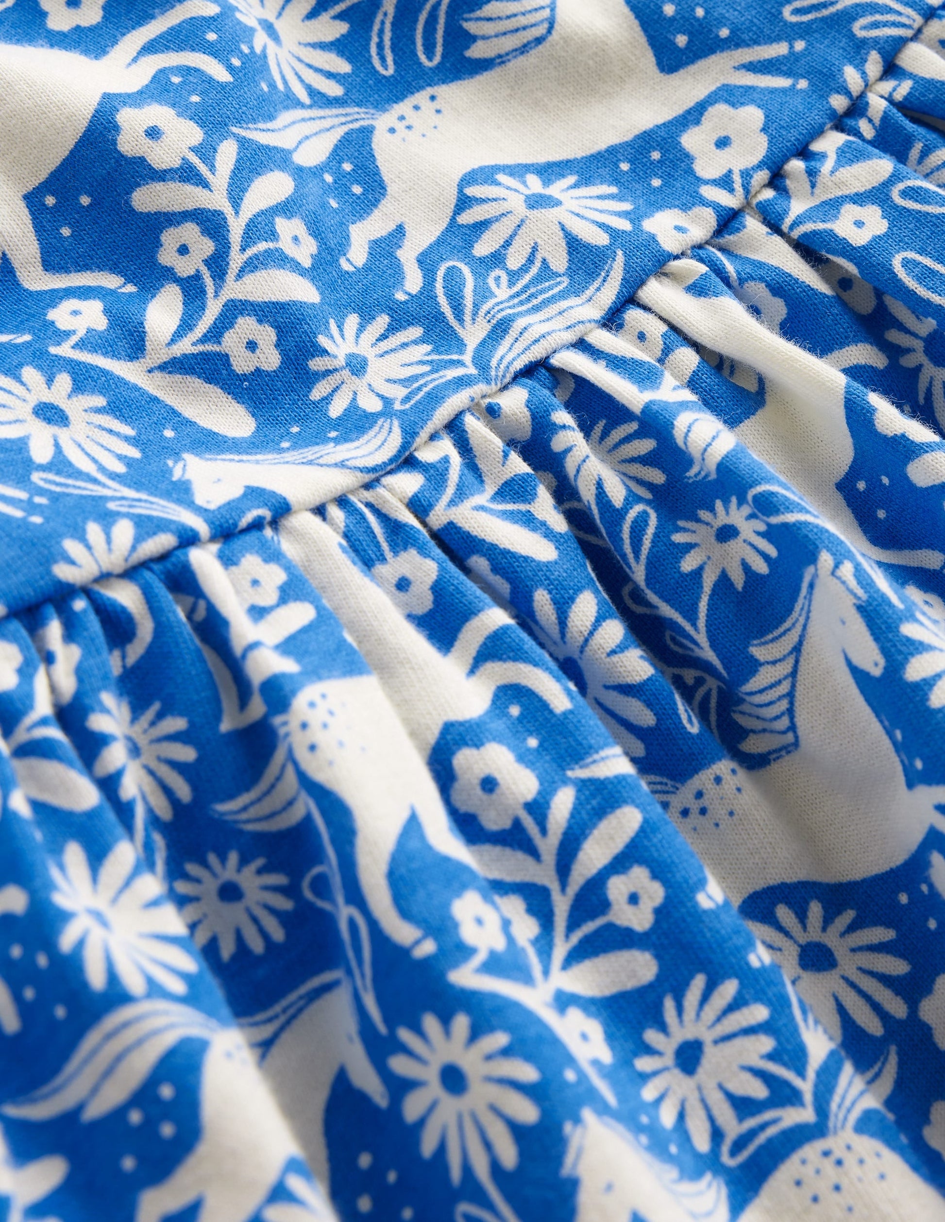 Short-sleeved Fun Jersey Dress-Peacock Plume Blue Horses-3