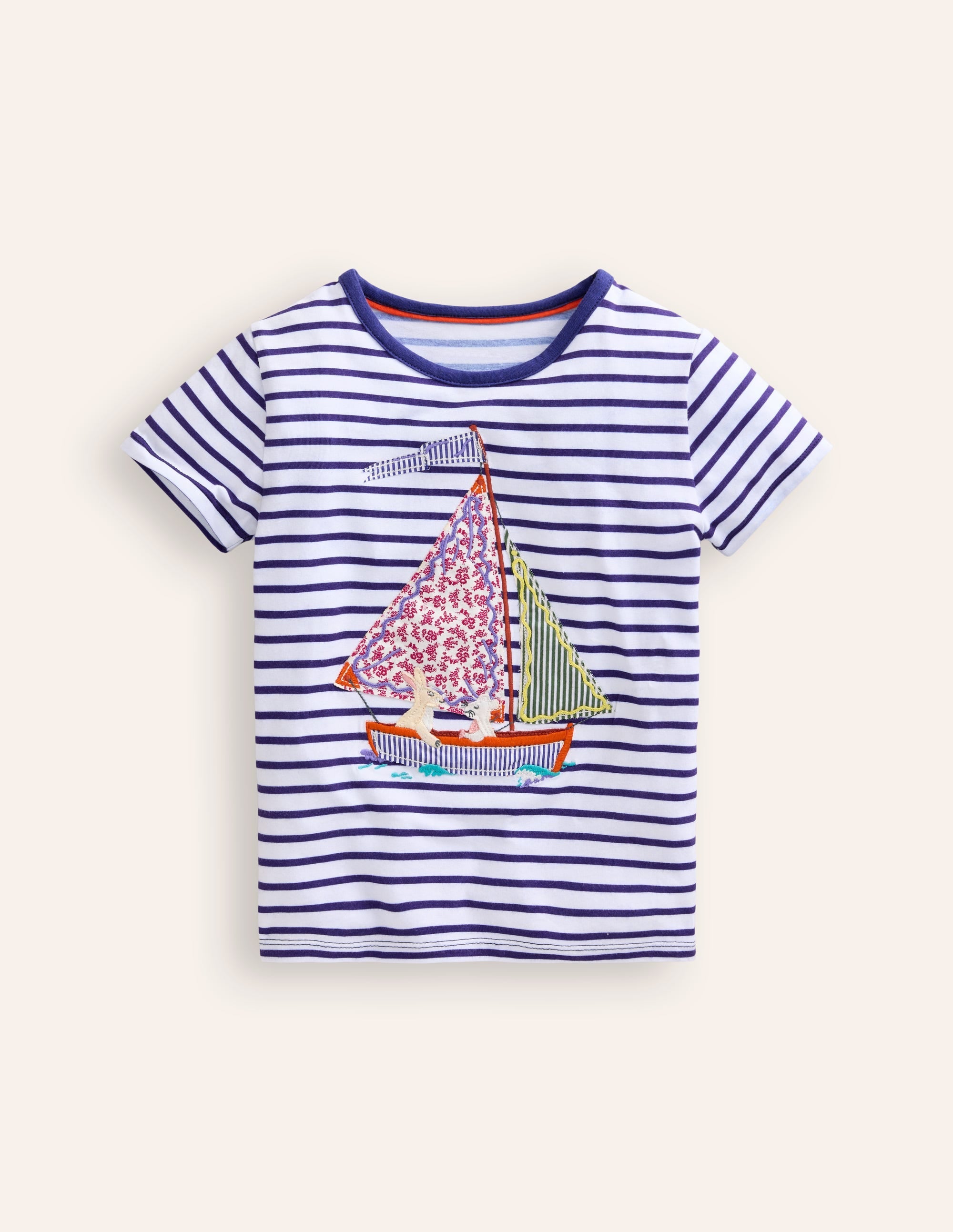 Short Sleeve Appliqué T-shirt-Ivory/ Starboard Stripe Boat - Image 1