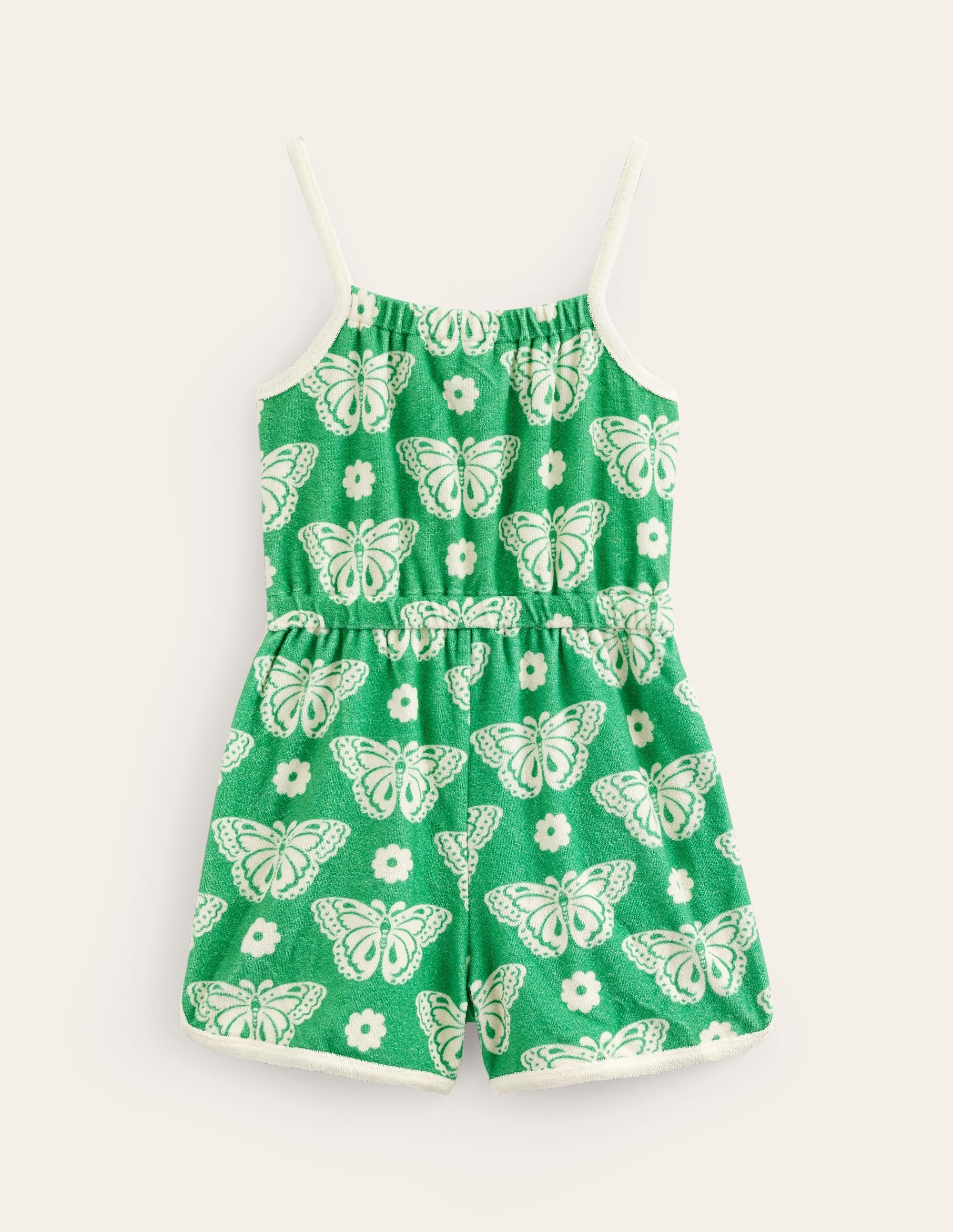 Strappy Towelling Playsuit-Pea Green Butterfly Stamp - Image 2