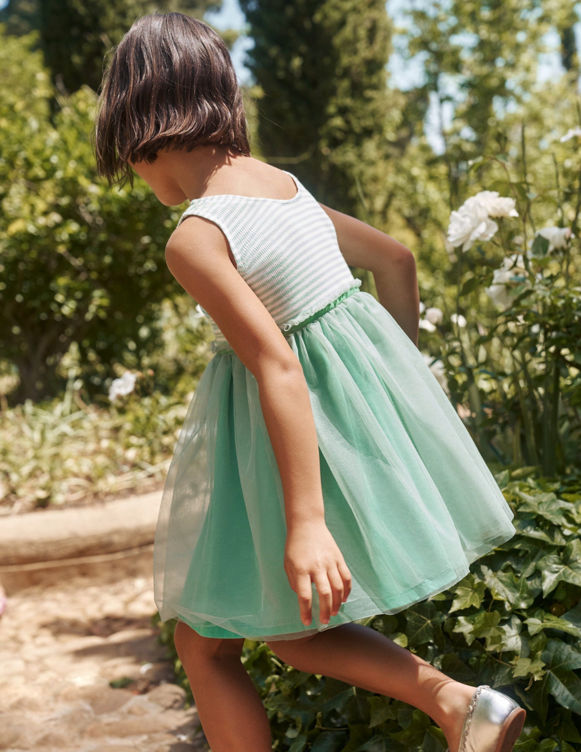 Jersey Tulle Mix Dress-Pistachio Green / Ivory Stripe-5