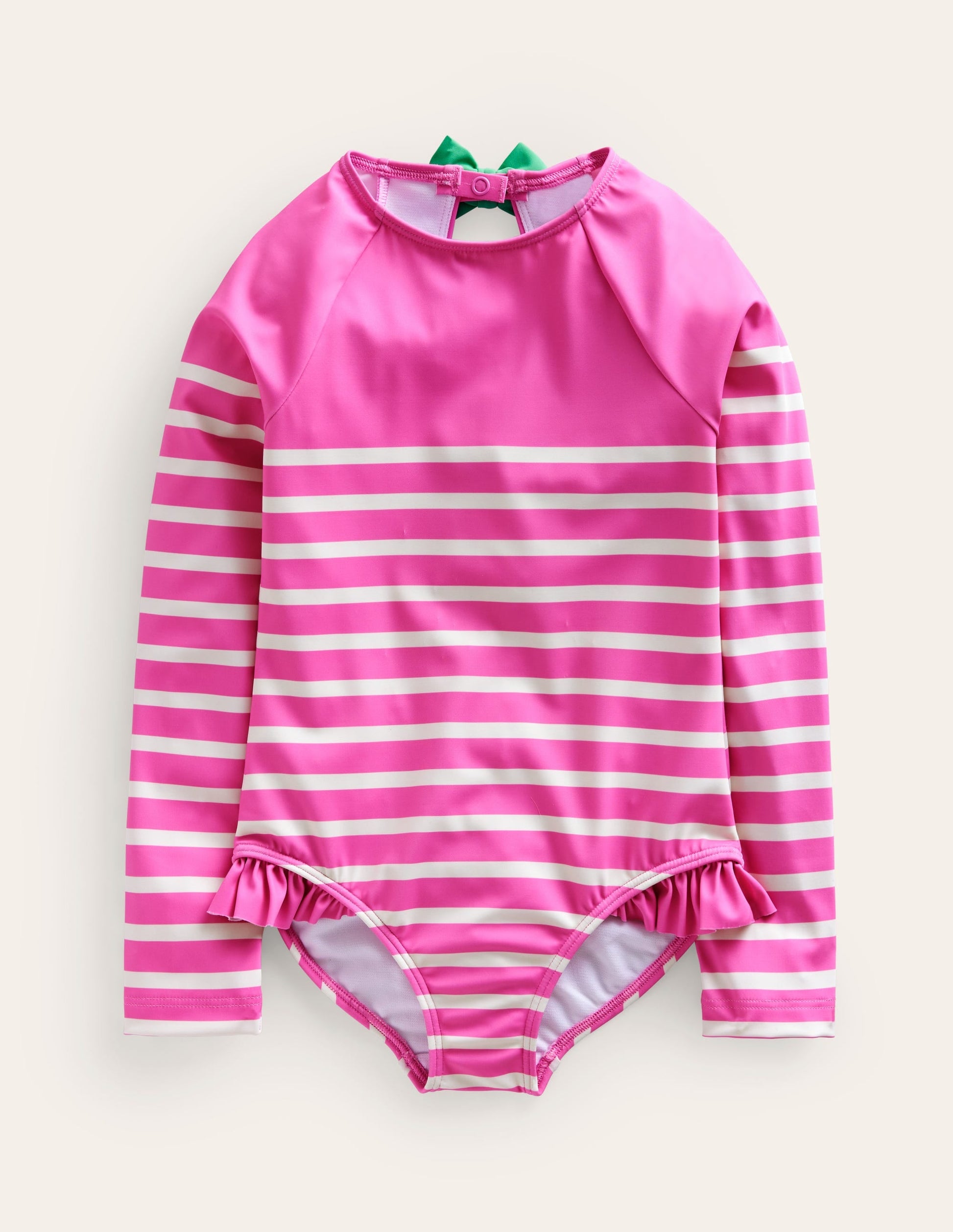 Long Sleeve Frilly Swimsuit-Pink, Ivory Stripe-1