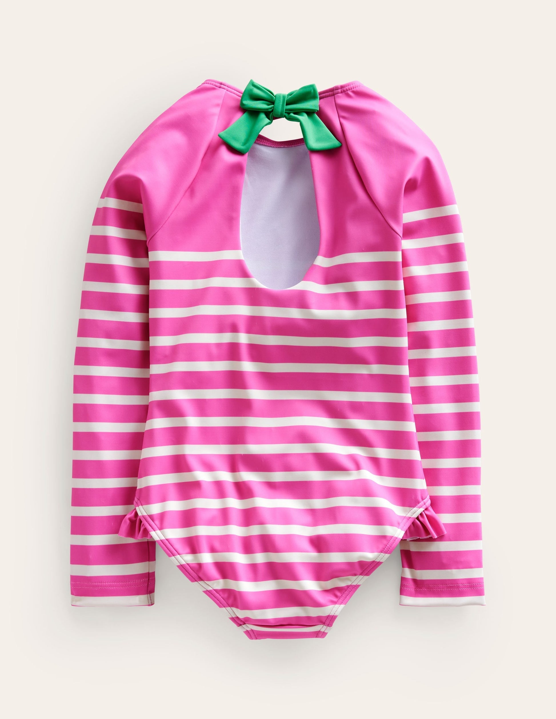 Long Sleeve Frilly Swimsuit-Pink, Ivory Stripe-2
