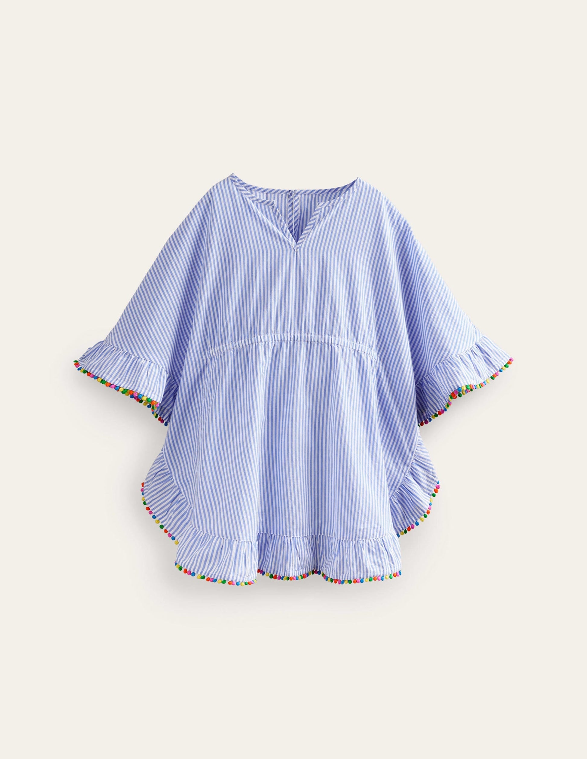 Pom Trim Poncho Kaftan-Surf Blue / Ivory Stripe-1