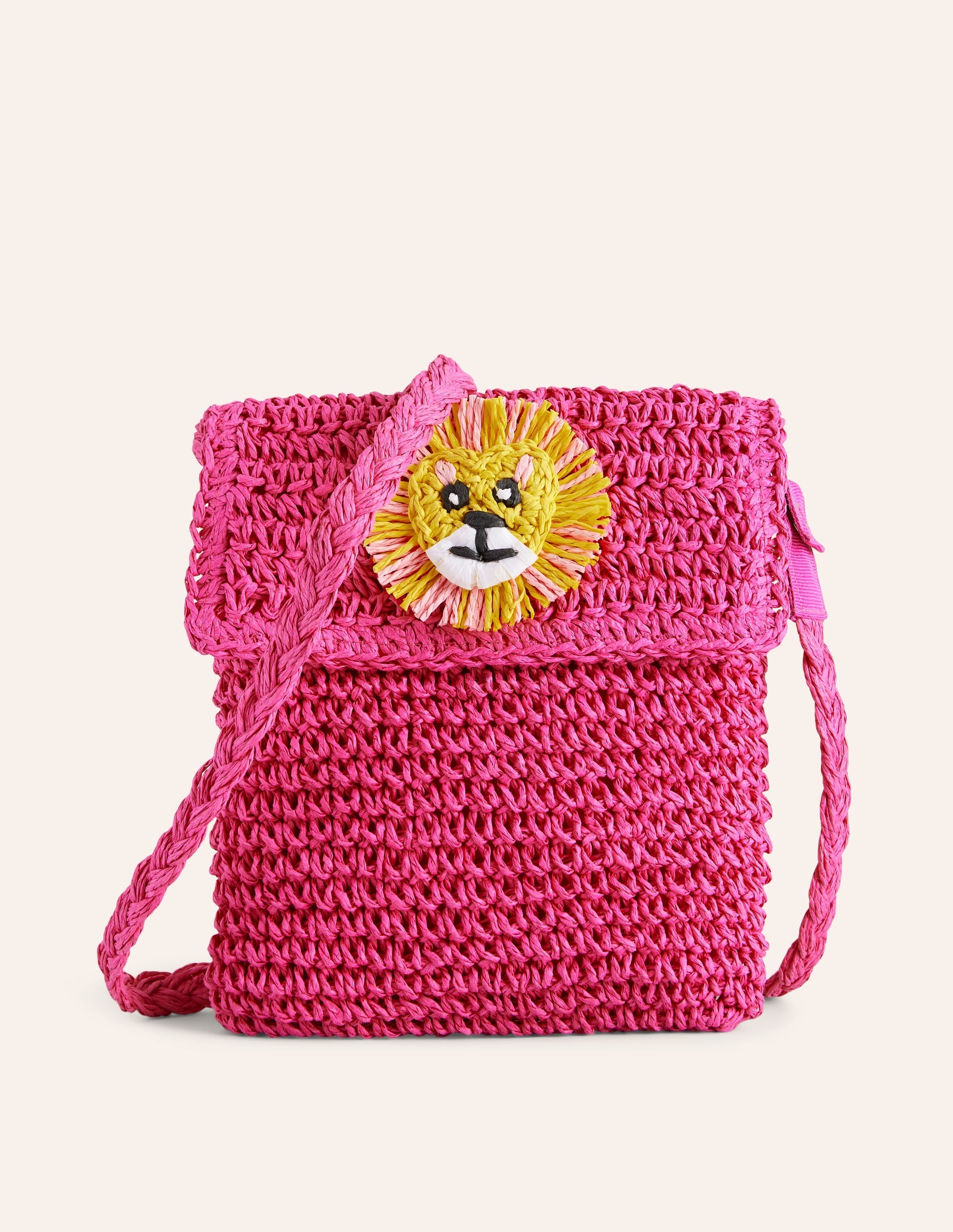Cross-Body Straw Bag-Pink Lion Appliqué - Image 1