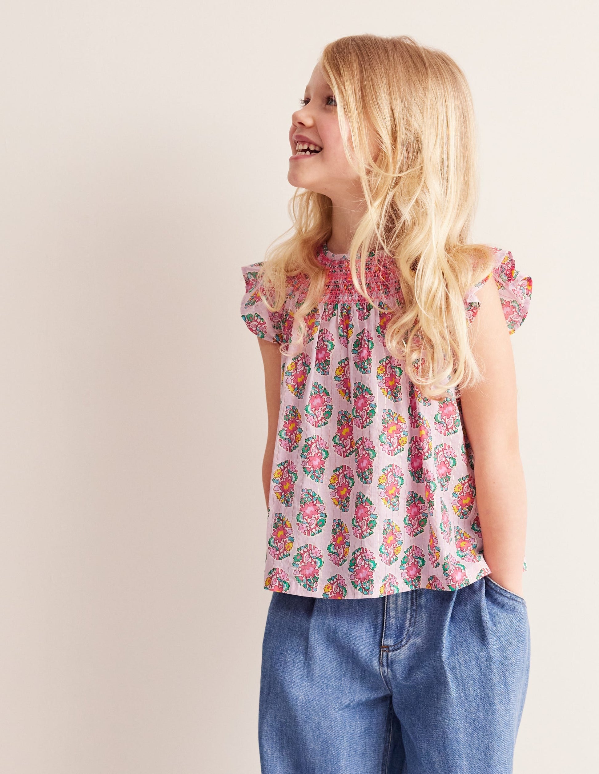 Woven Smocked Top-Sugared Almond Pink Paisley-5