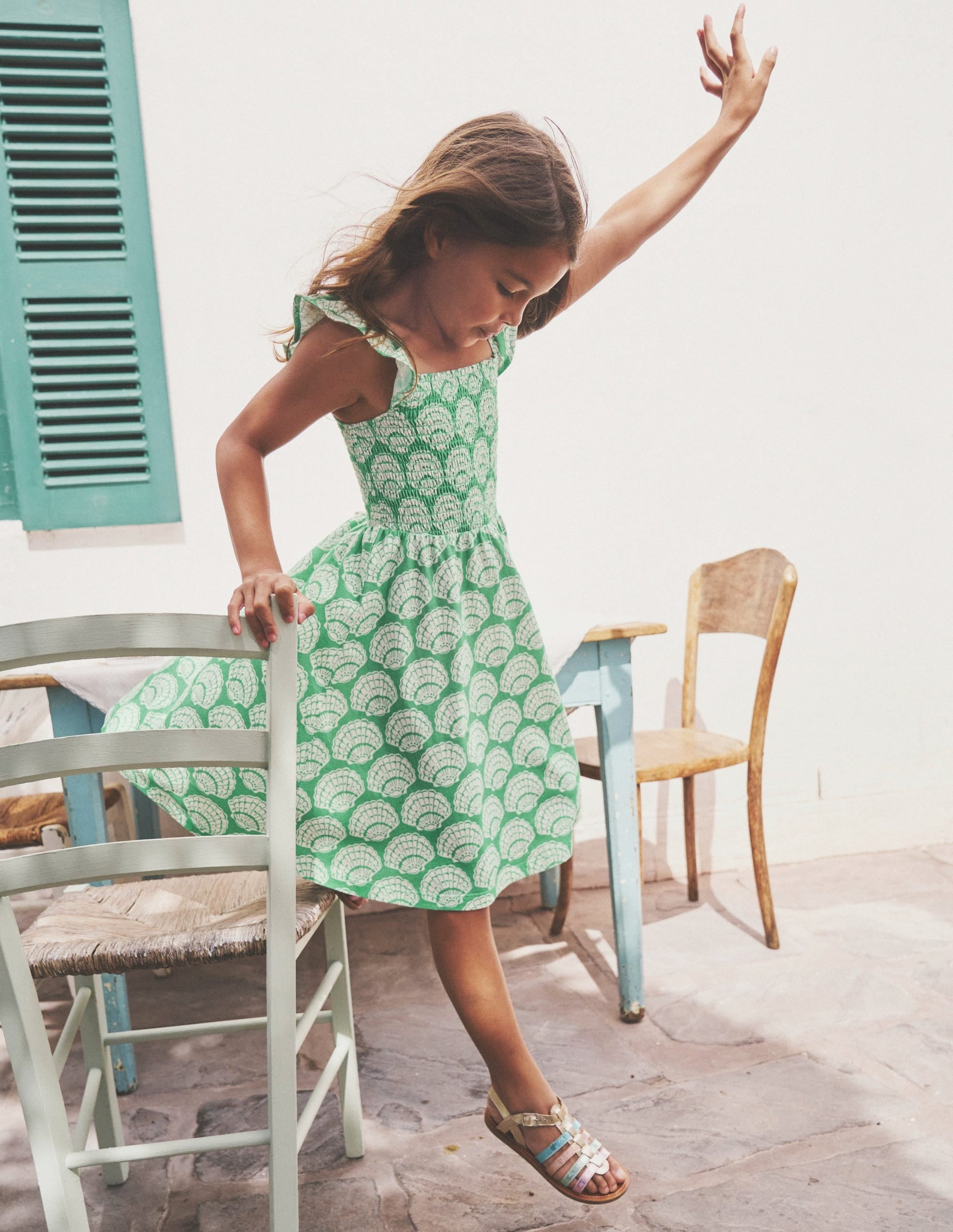 Shirred Jersey Dress-Pea Green Seashells-4